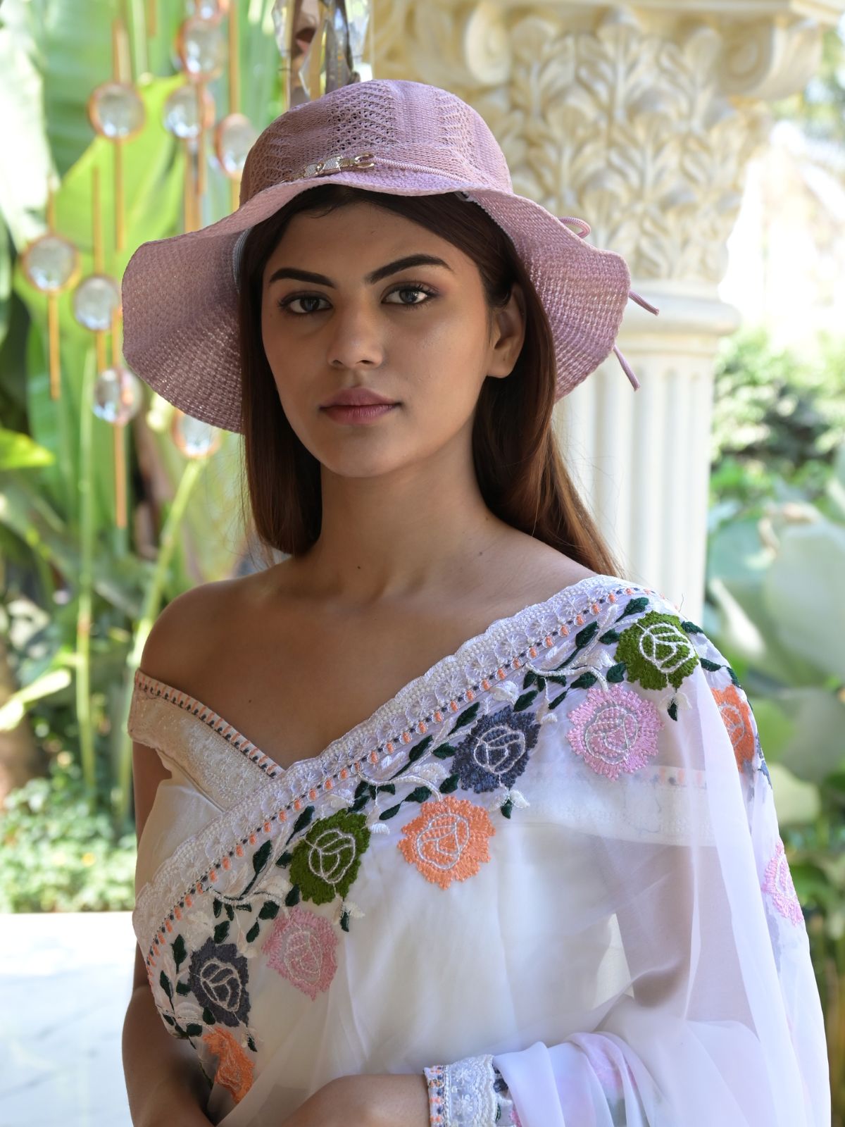 Odette Lilac Self Design Embellished Sun Hat For Women
