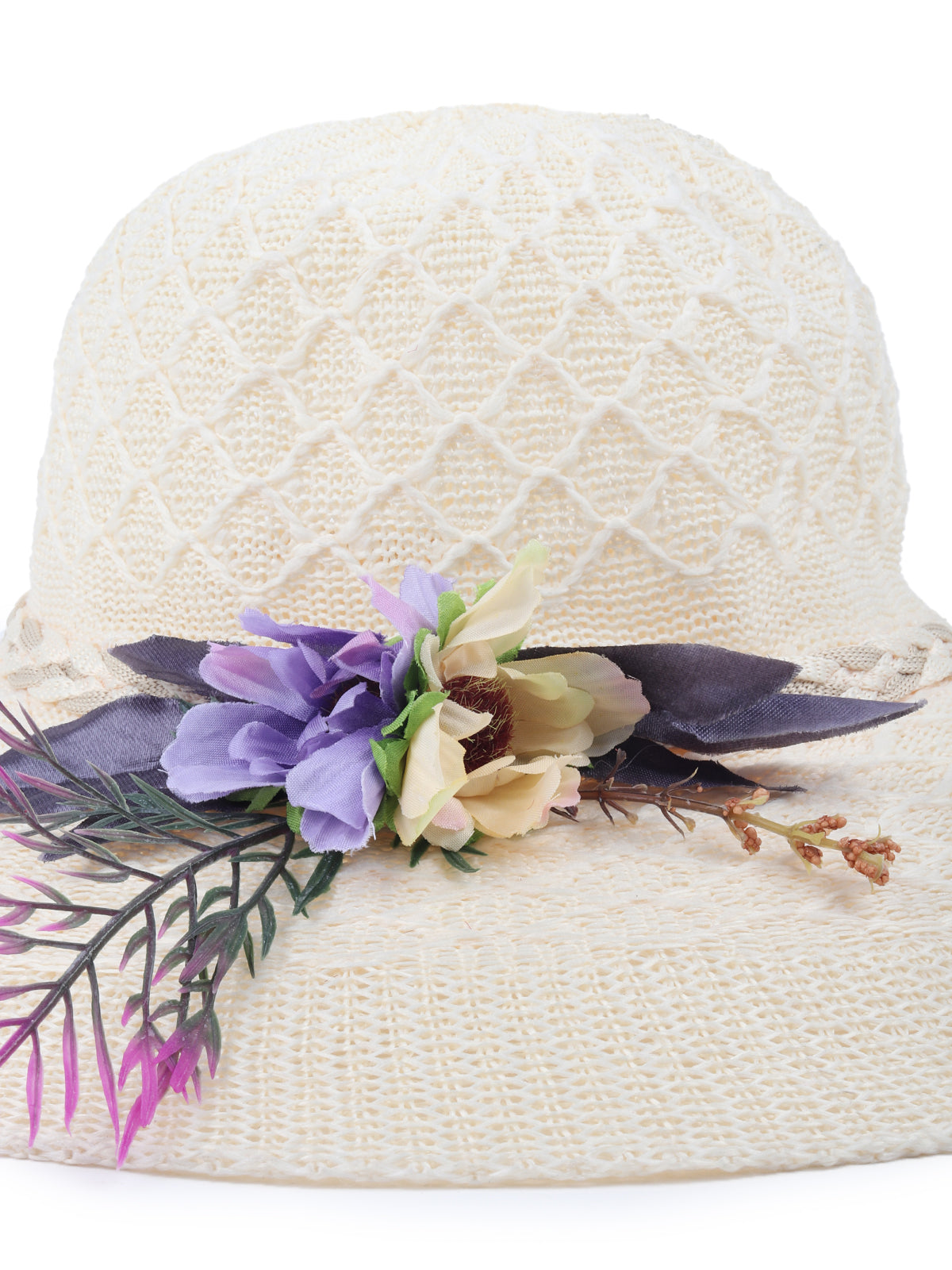 Odette White Self Design Embellished Sun Hat For Women