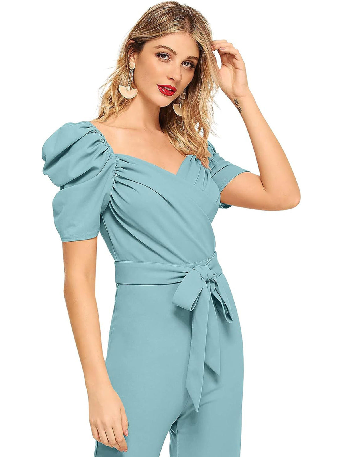Odette Women Light Blue Polyester Blend Jumpsuit