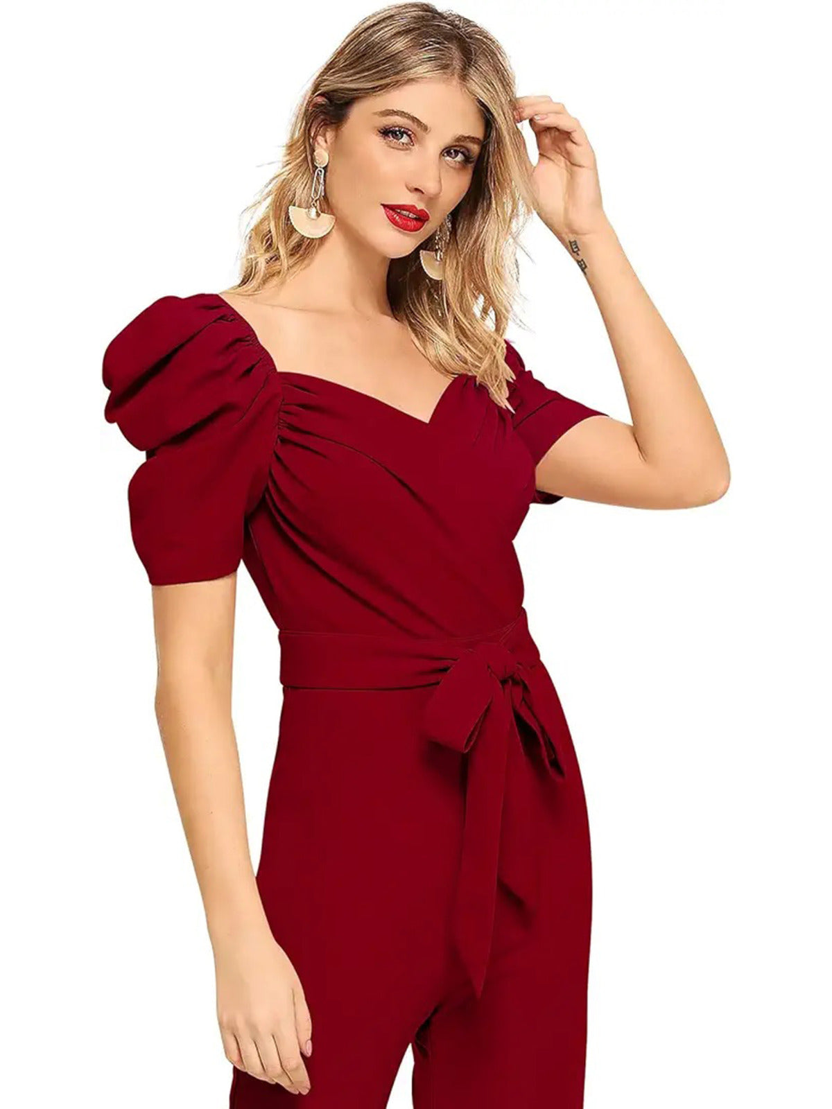 Odette Women Maroon Polyester Blend Jumpsuit