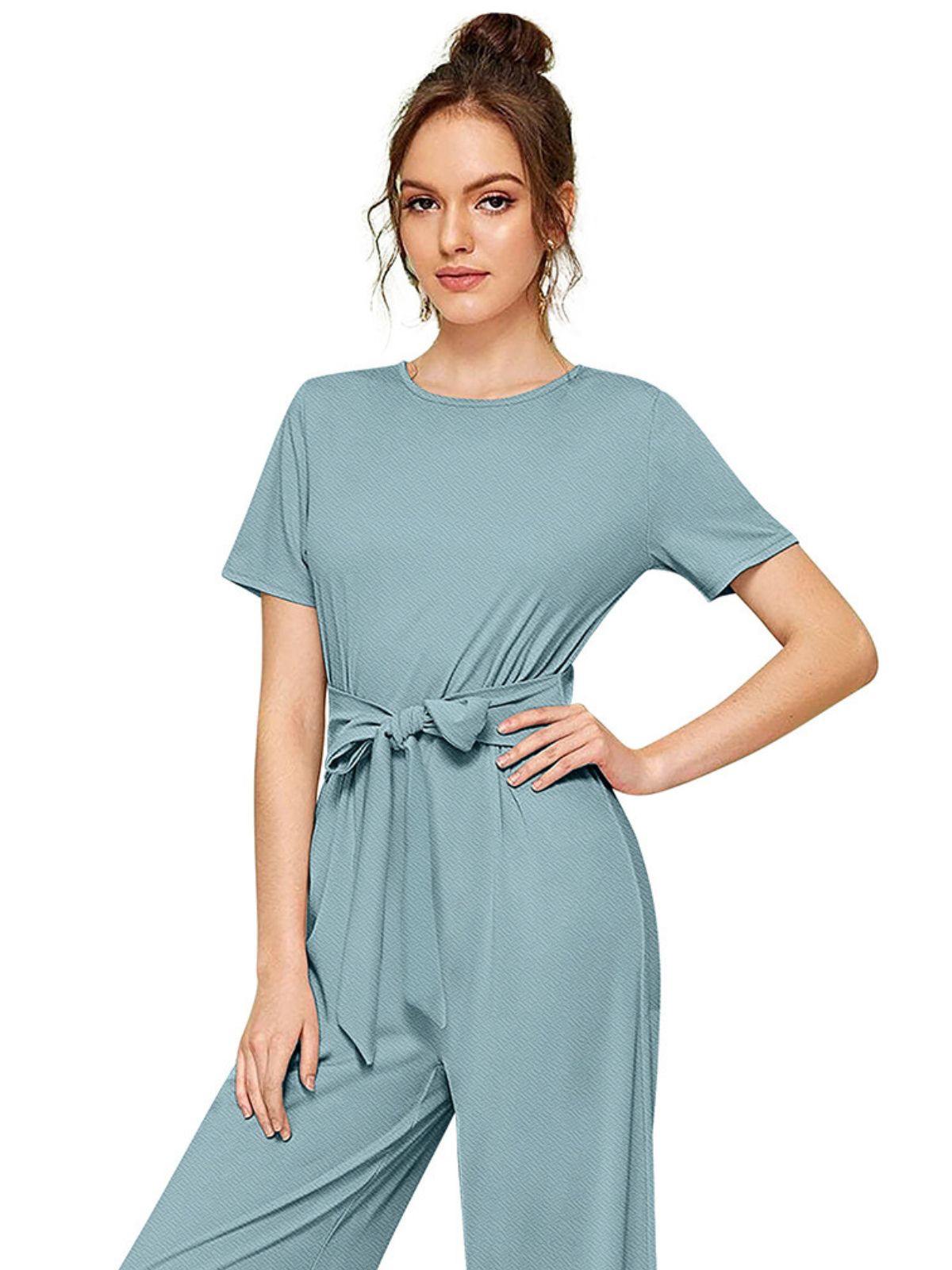 Odette Light Blue Knit Fabric Jumpsuit For Women