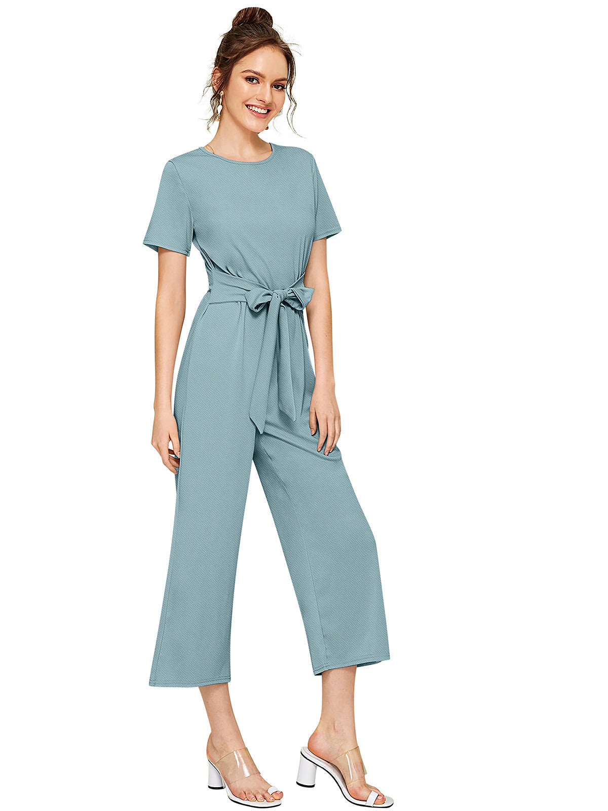 Odette Light Blue Knit Fabric Jumpsuit For Women