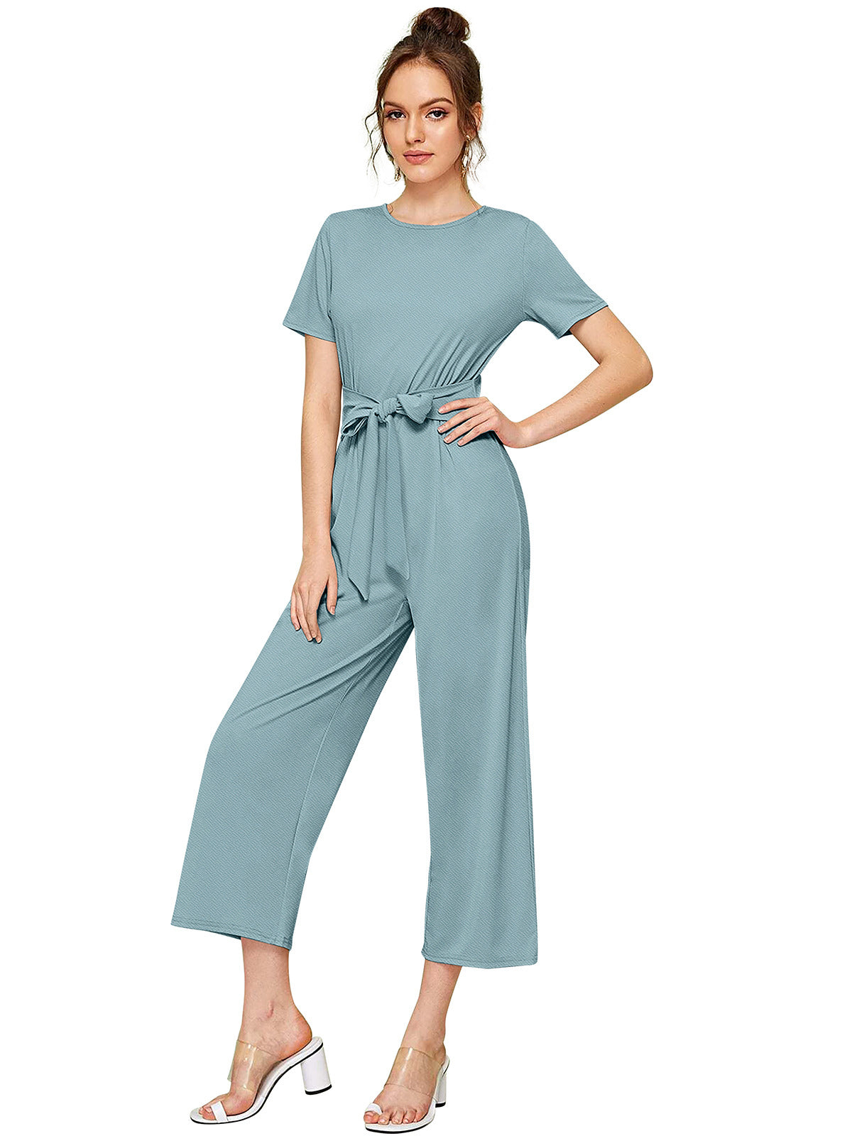 Odette Light Blue Knit Fabric Jumpsuit For Women