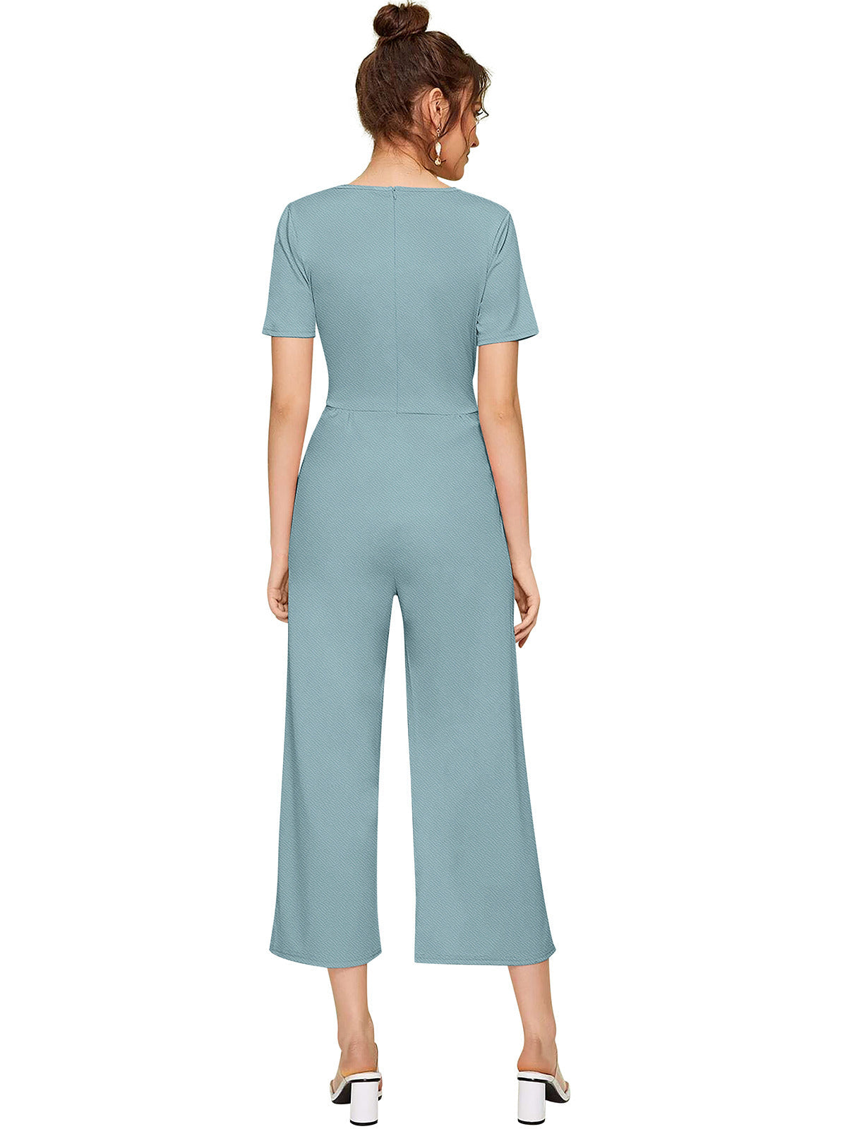 Odette Light Blue Knit Fabric Jumpsuit For Women