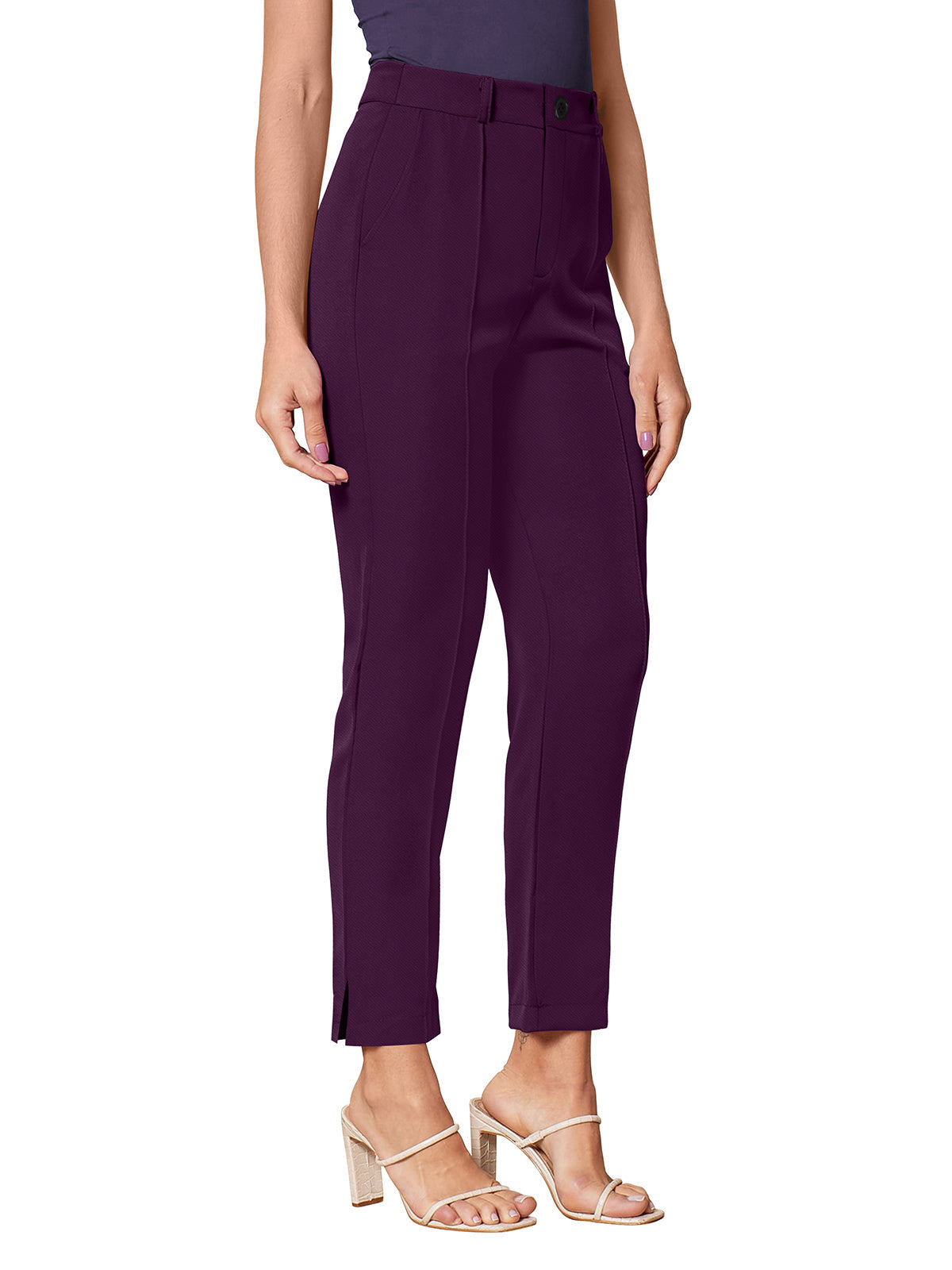 Odette Violet Polyester Solid Trouser For Women