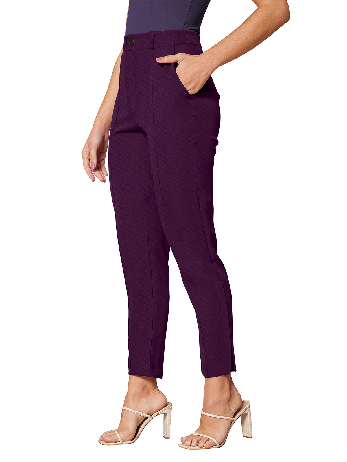 Odette Violet Polyester Solid Trouser For Women