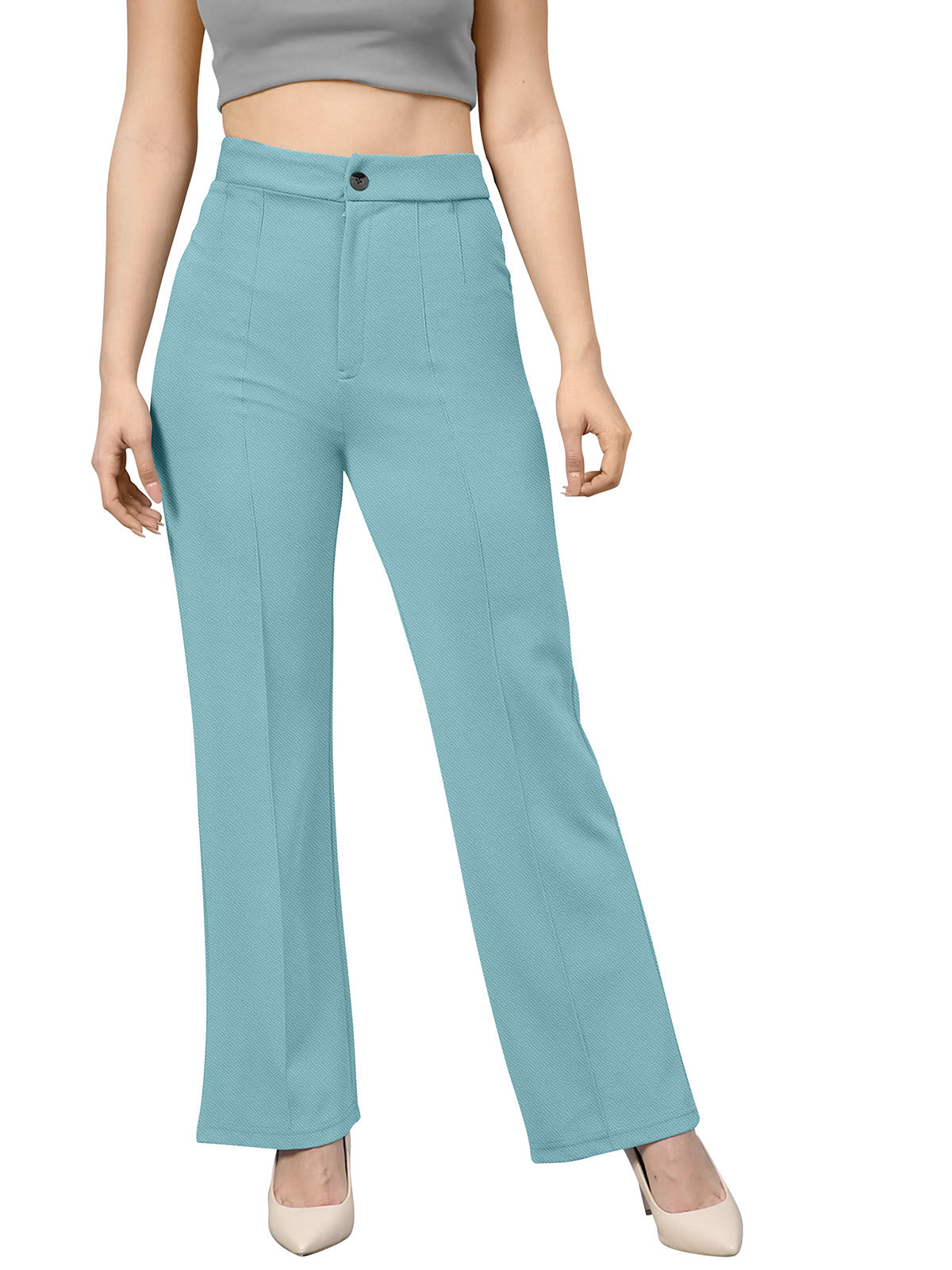 Odette Light Blue Polyester Trouser For Women