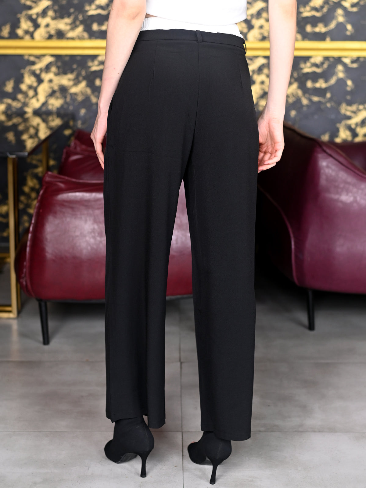 Odette Black And White Suede Fabric Solid Trousers for Women