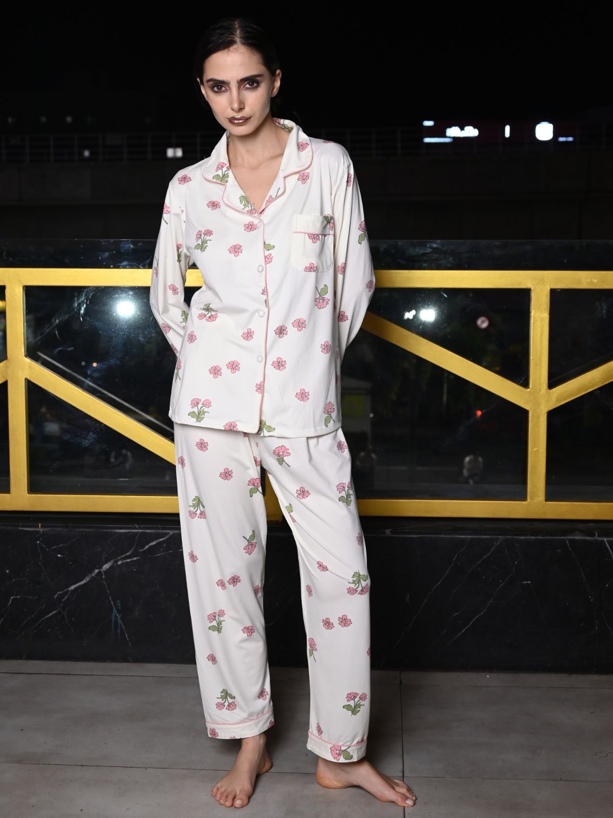 Odette Off White Cotton Jersey Night Suit Set For Women
