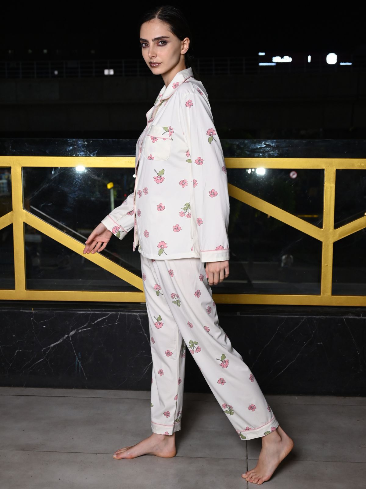 Odette Off White Cotton Jersey Night Suit Set For Women