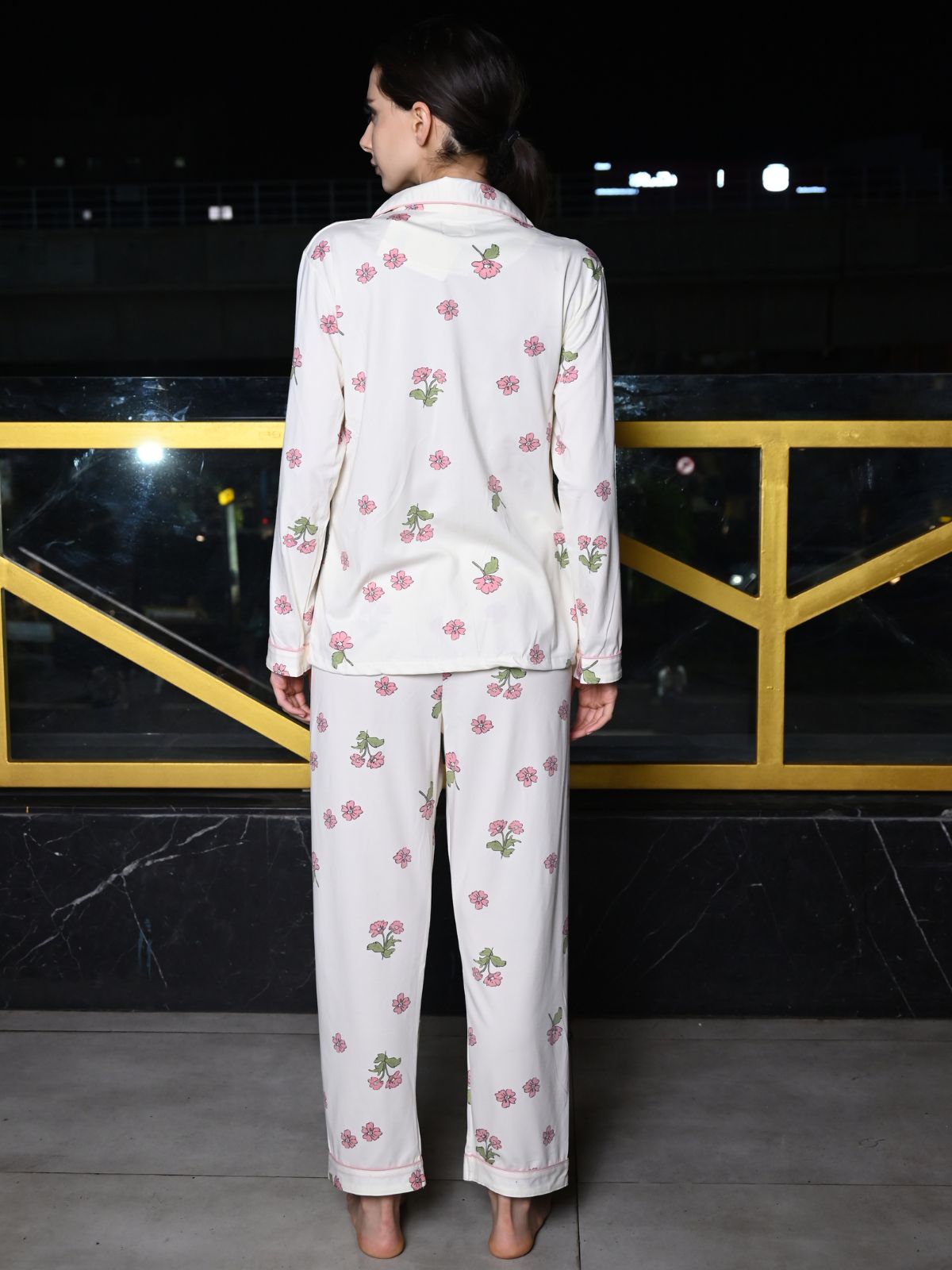 Odette Off White Cotton Jersey Night Suit Set For Women