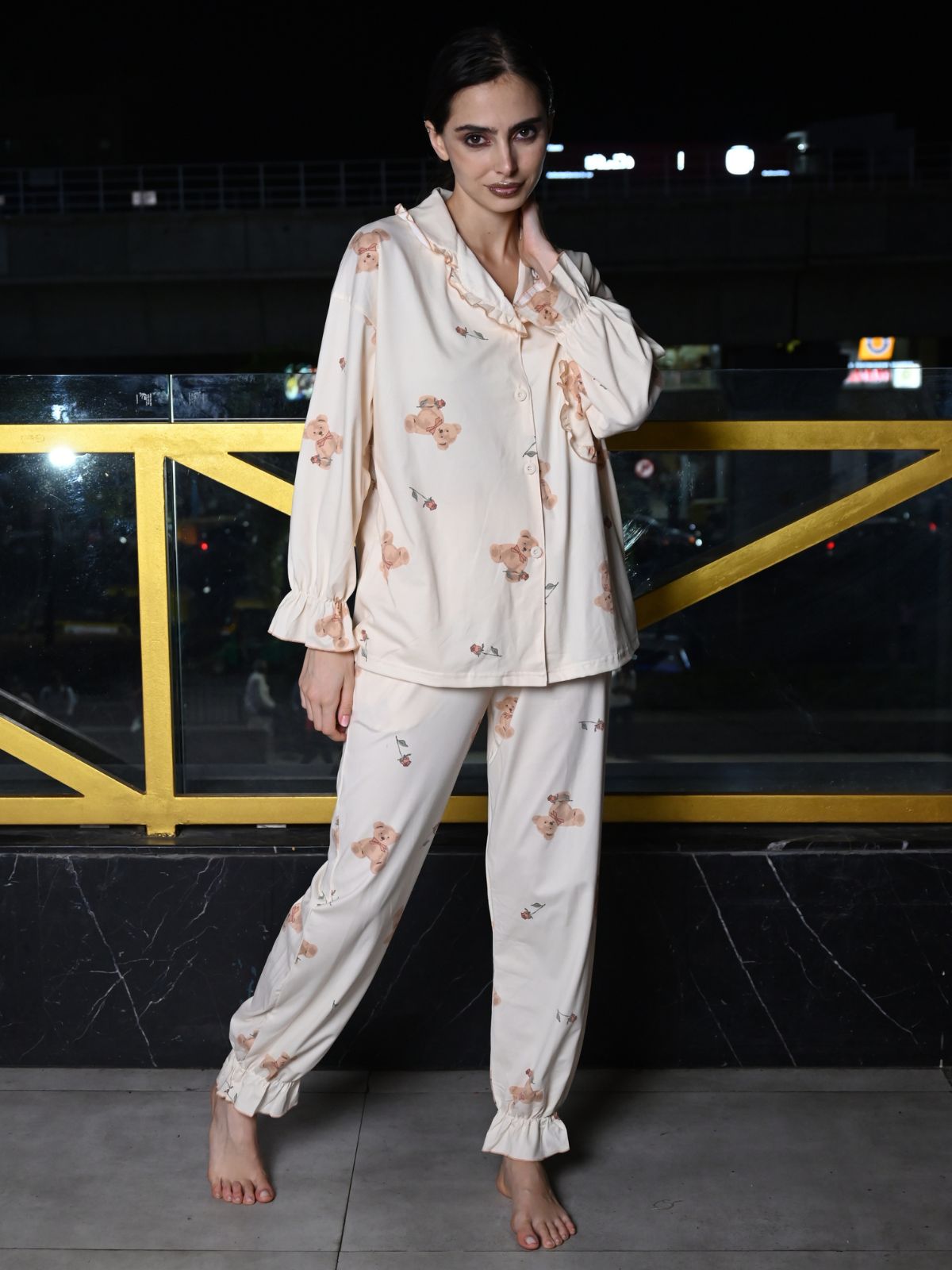 Odette Off White Cotton Printed Night Suit Set For Women