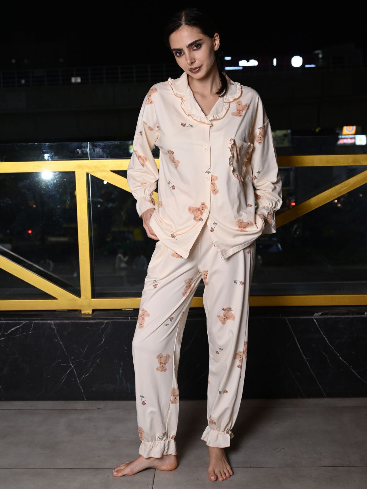 Odette Off White Cotton Printed Night Suit Set For Women