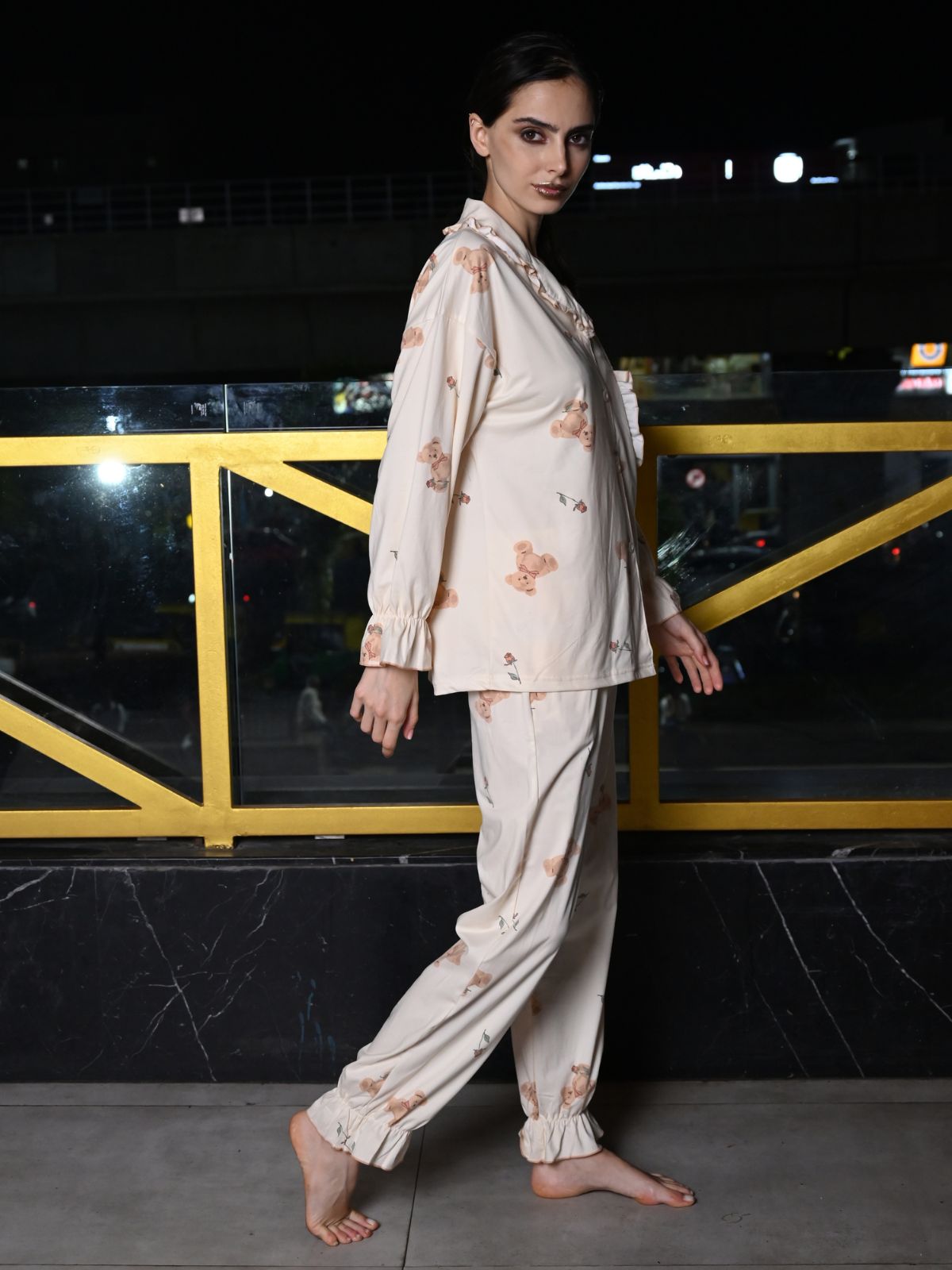 Odette Off White Cotton Printed Night Suit Set For Women