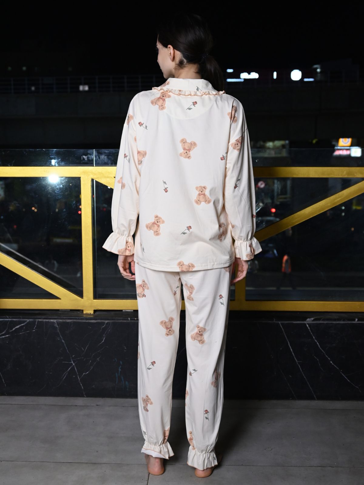Odette Off White Cotton Printed Night Suit Set For Women