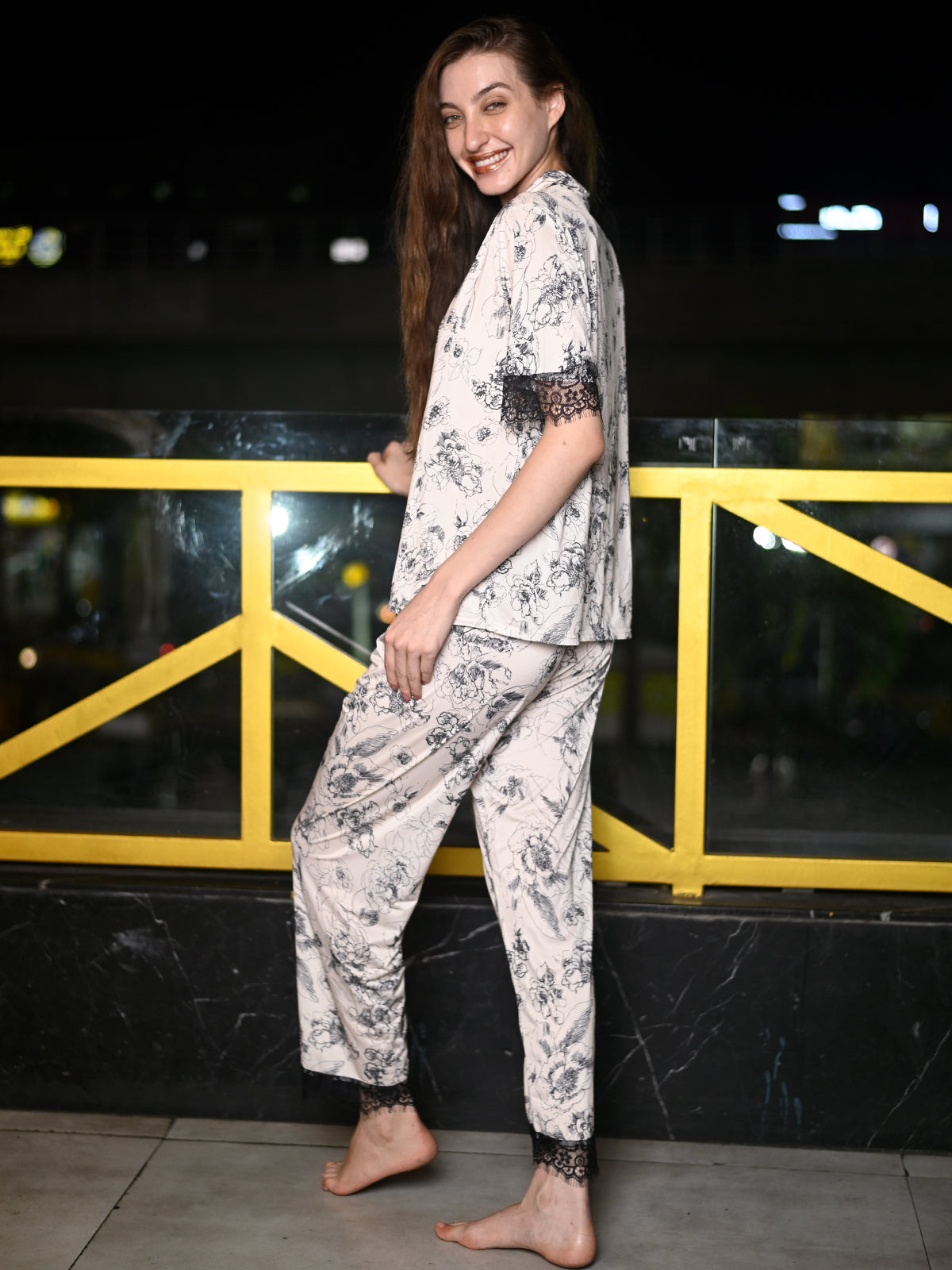Odette Off White Satin Lycra Printed Night Suit Set For Women