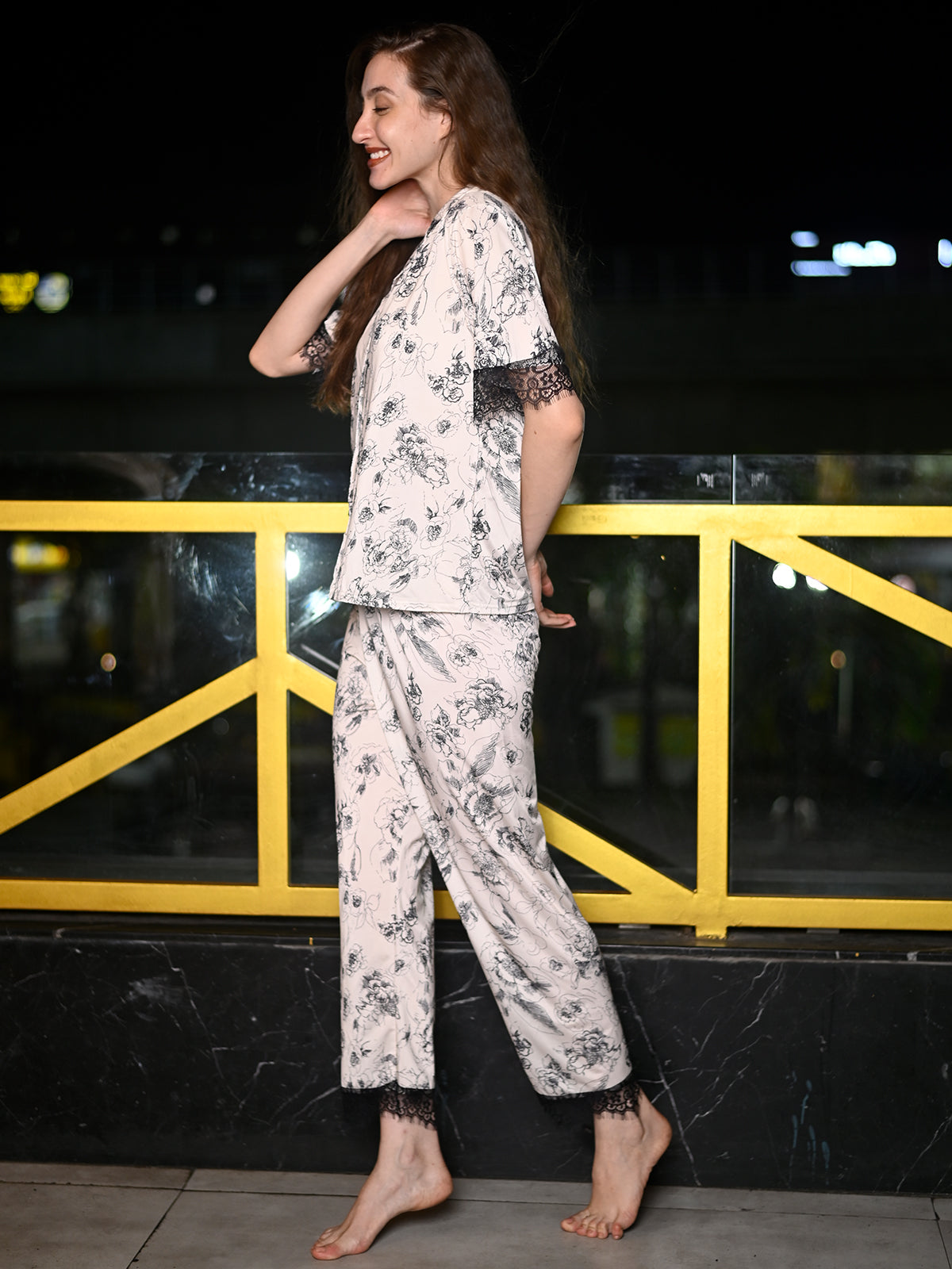 Odette Off White Satin Lycra Printed Night Suit Set For Women
