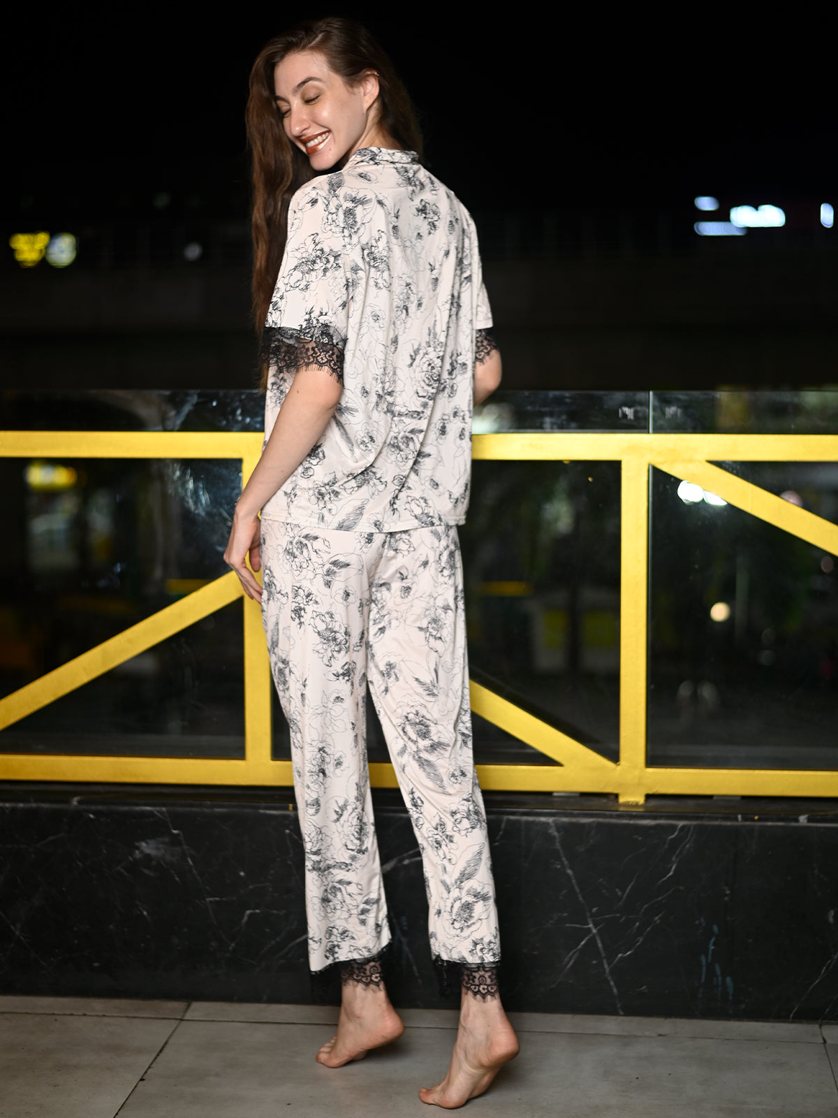Odette Off White Satin Lycra Printed Night Suit Set For Women
