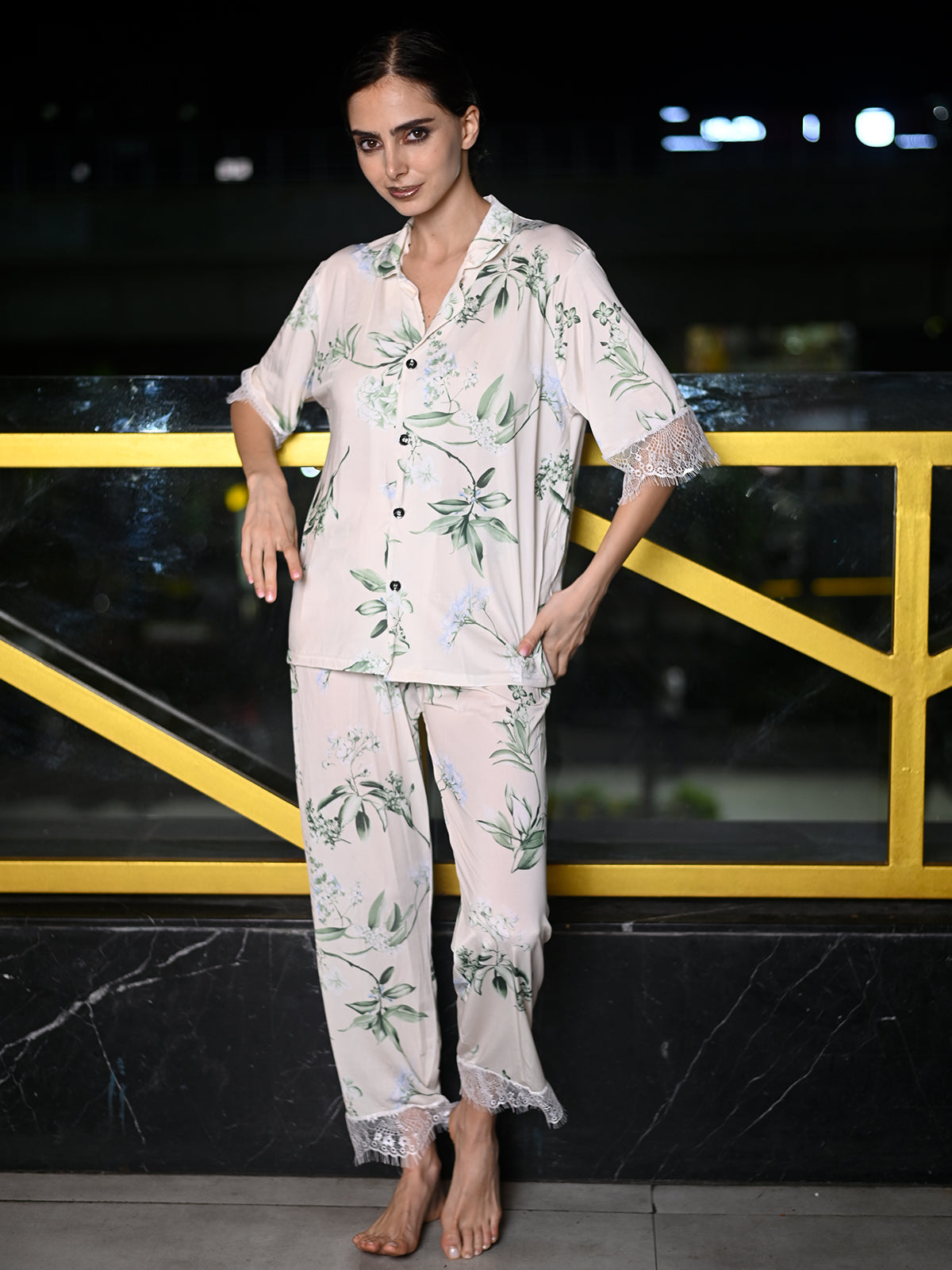 Odette Off White And Green Satin Lycra Printed Night Suit Set For Women