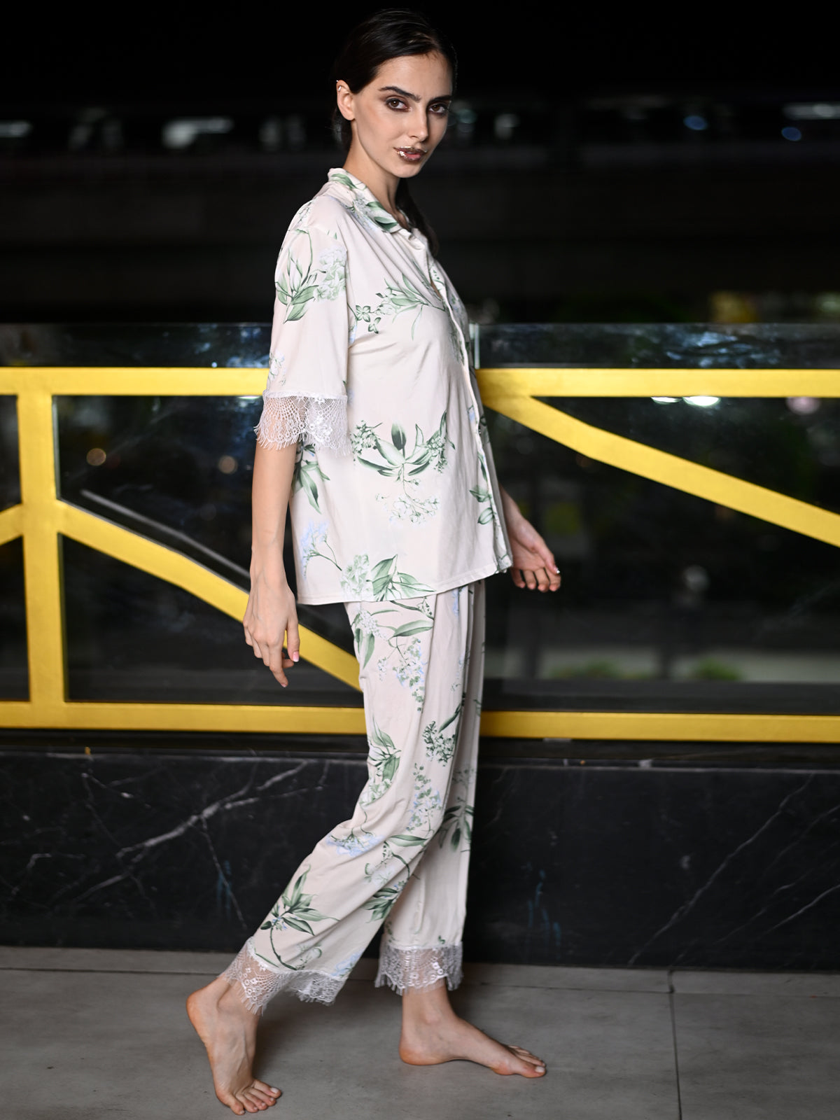 Odette Off White And Green Satin Lycra Printed Night Suit Set For Women