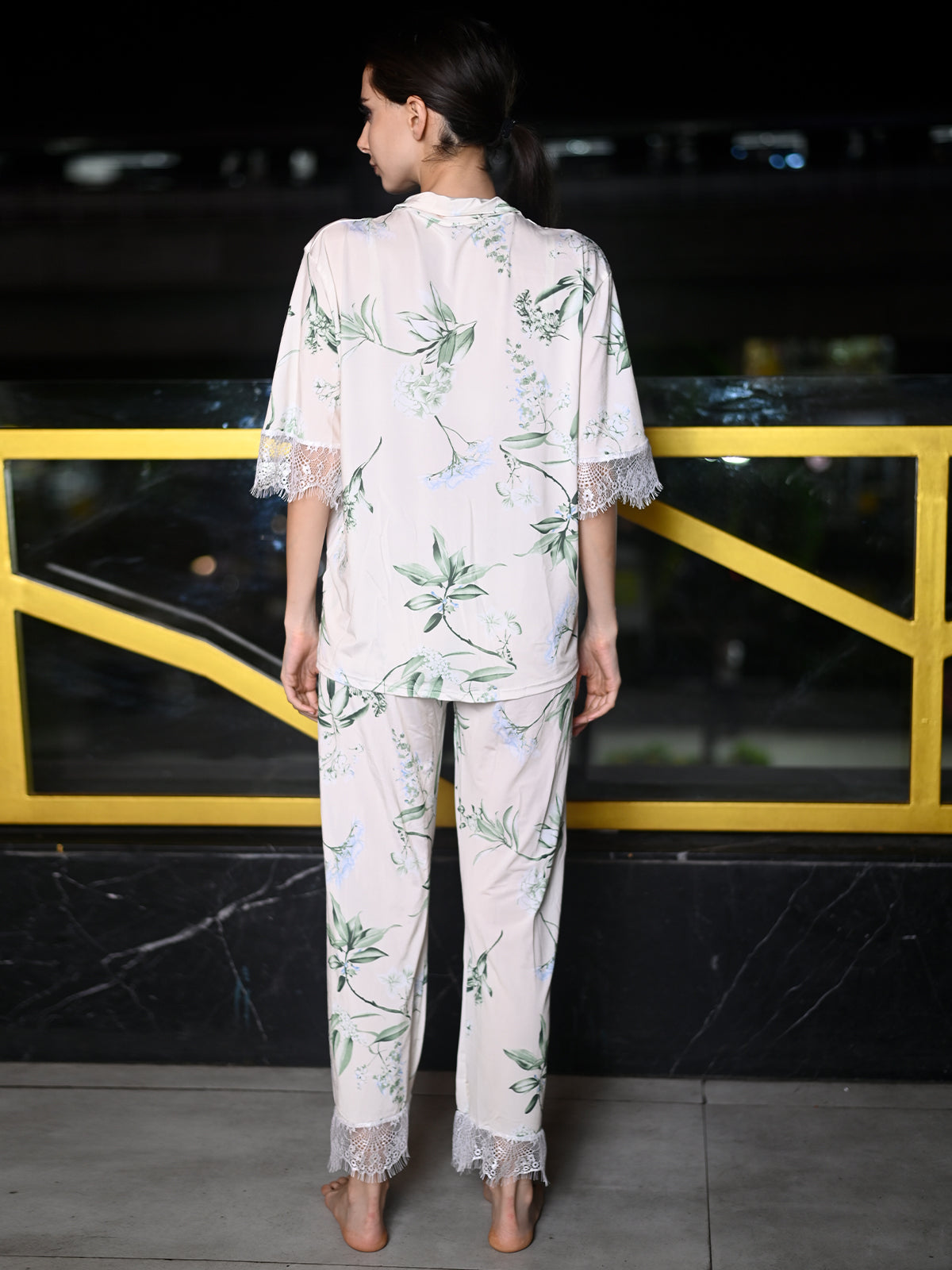 Odette Off White And Green Satin Lycra Printed Night Suit Set For Women