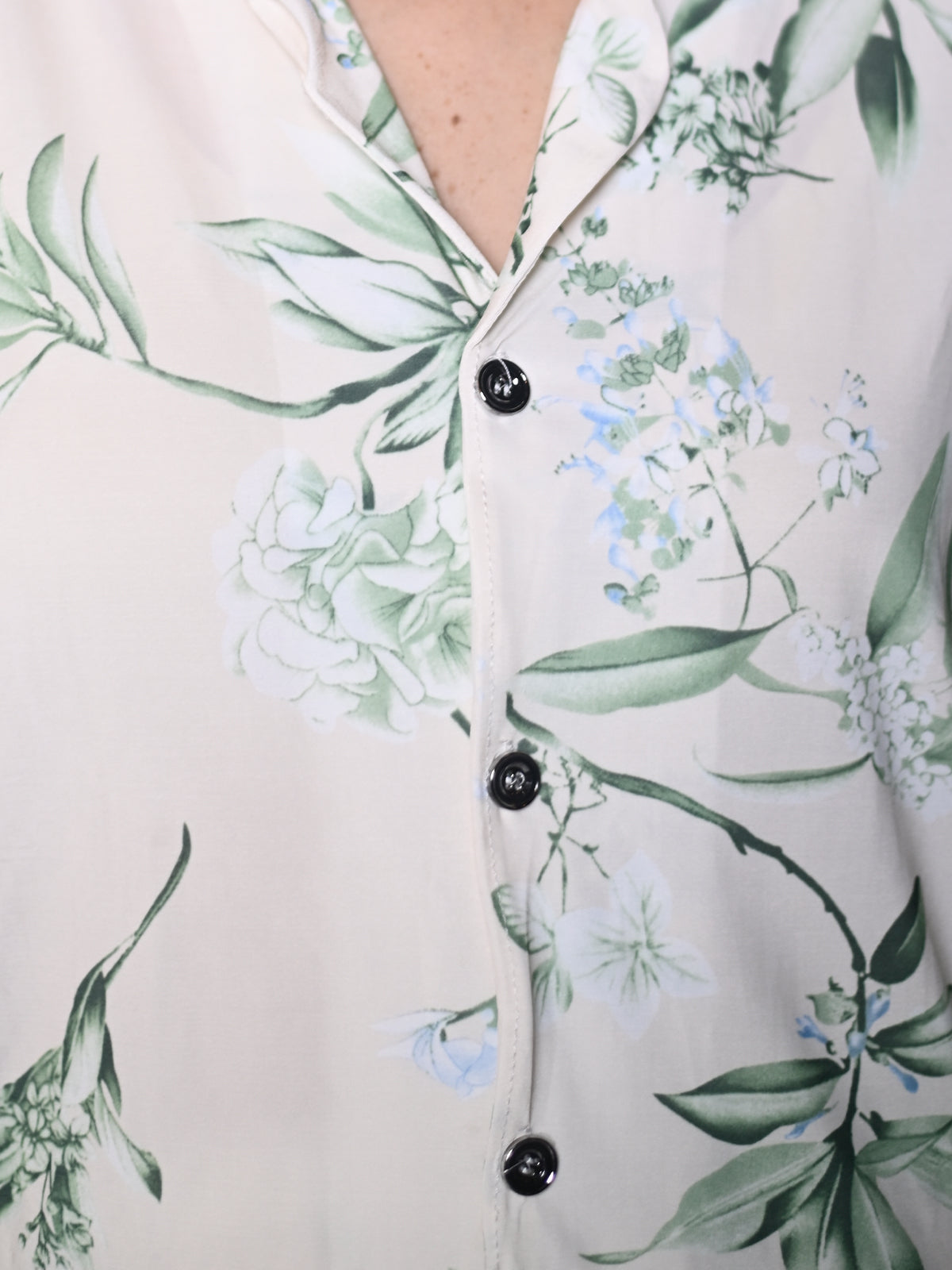 Odette Off White And Green Satin Lycra Printed Night Suit Set For Women