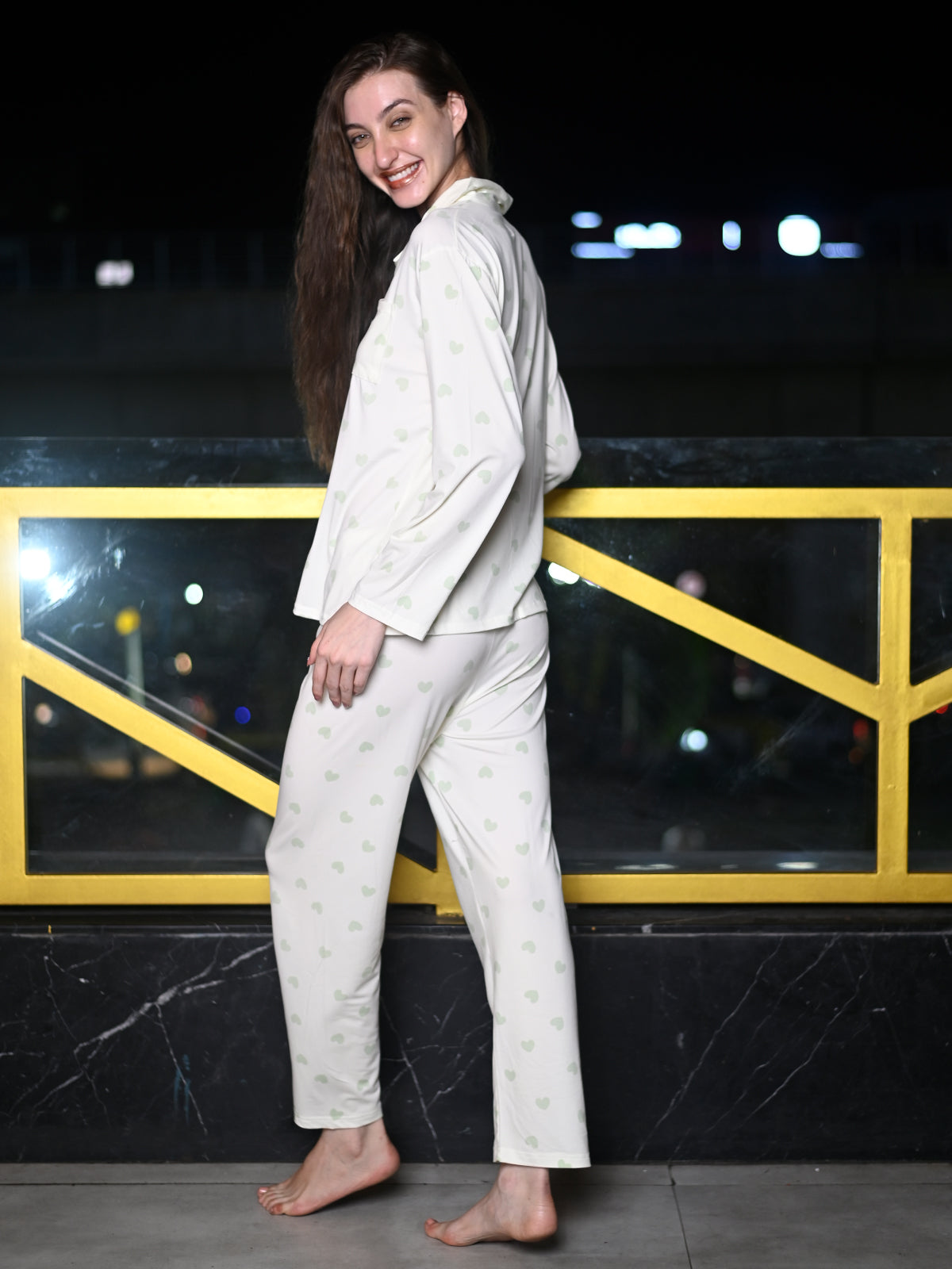 Odette White And Grey Cotton Jersey Printed Night Suit Set For Women