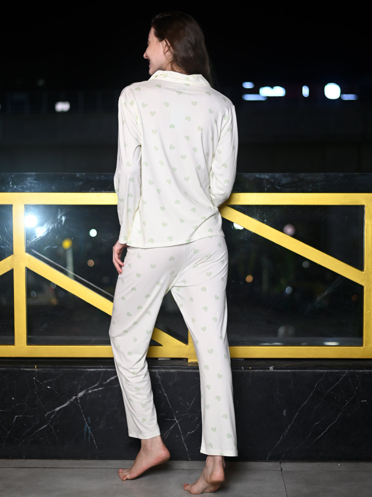 Odette White And Grey Cotton Jersey Printed Night Suit Set For Women