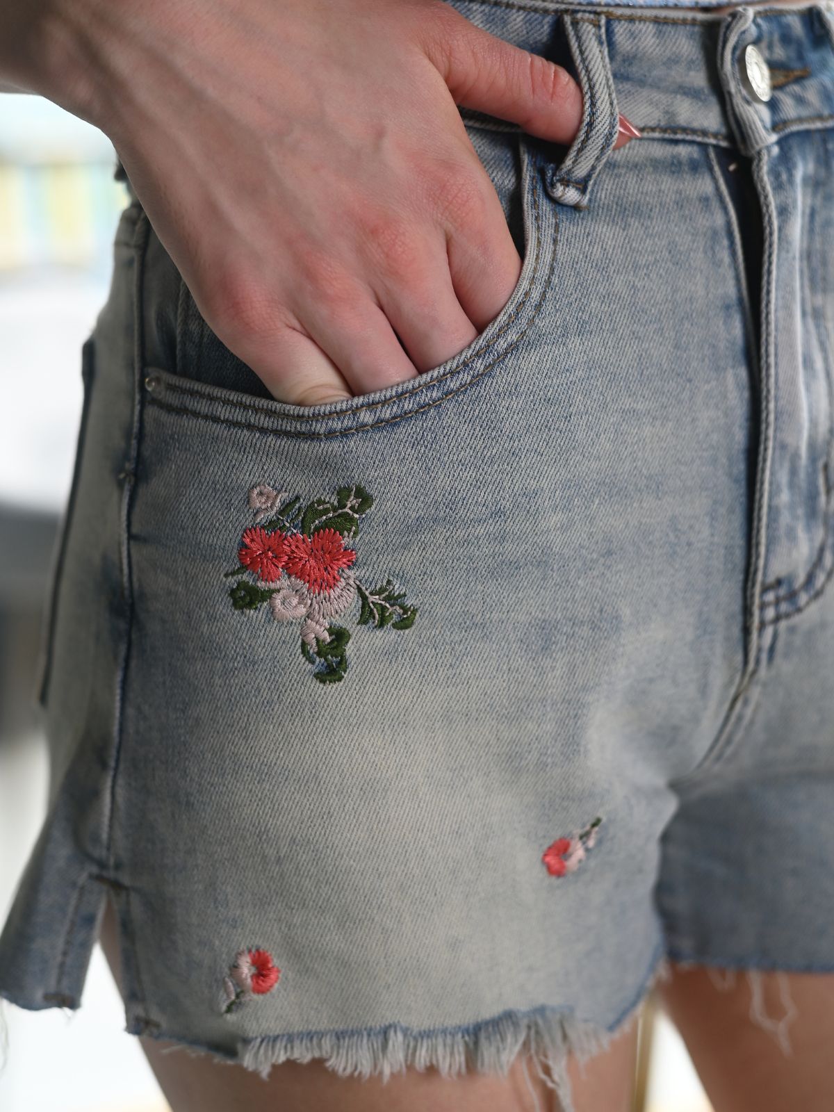 Odette Blue Washed Denim Embroidered Shorts For Women
