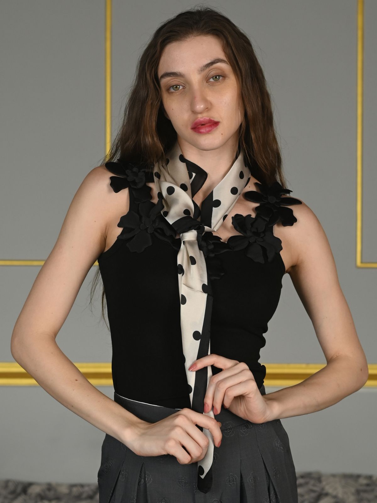 Odette Beige and Black Printed Satin Scarf For Women