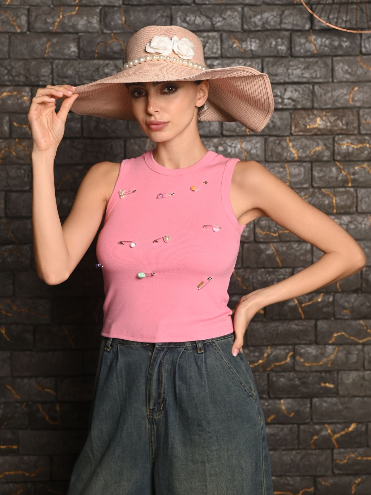Odette Pink Self Design Embellished Sun Hat For Women