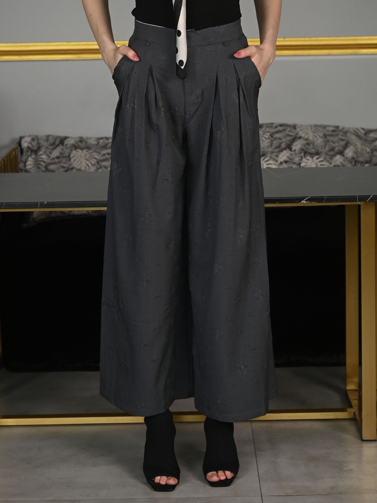 Odette Grey Suede Fabric Embossed Trouser For Women