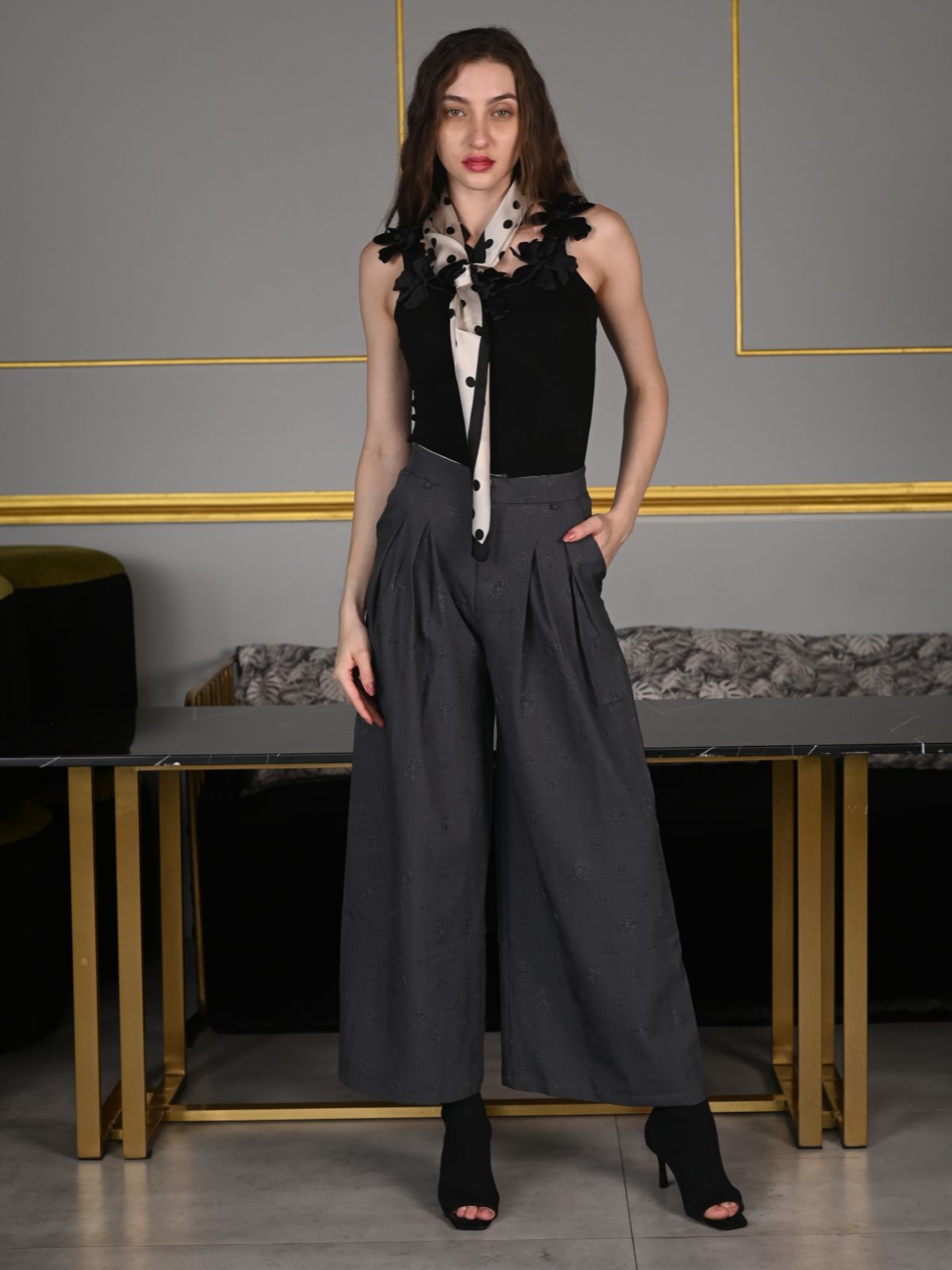 Odette Grey Suede Fabric Embossed Trouser For Women