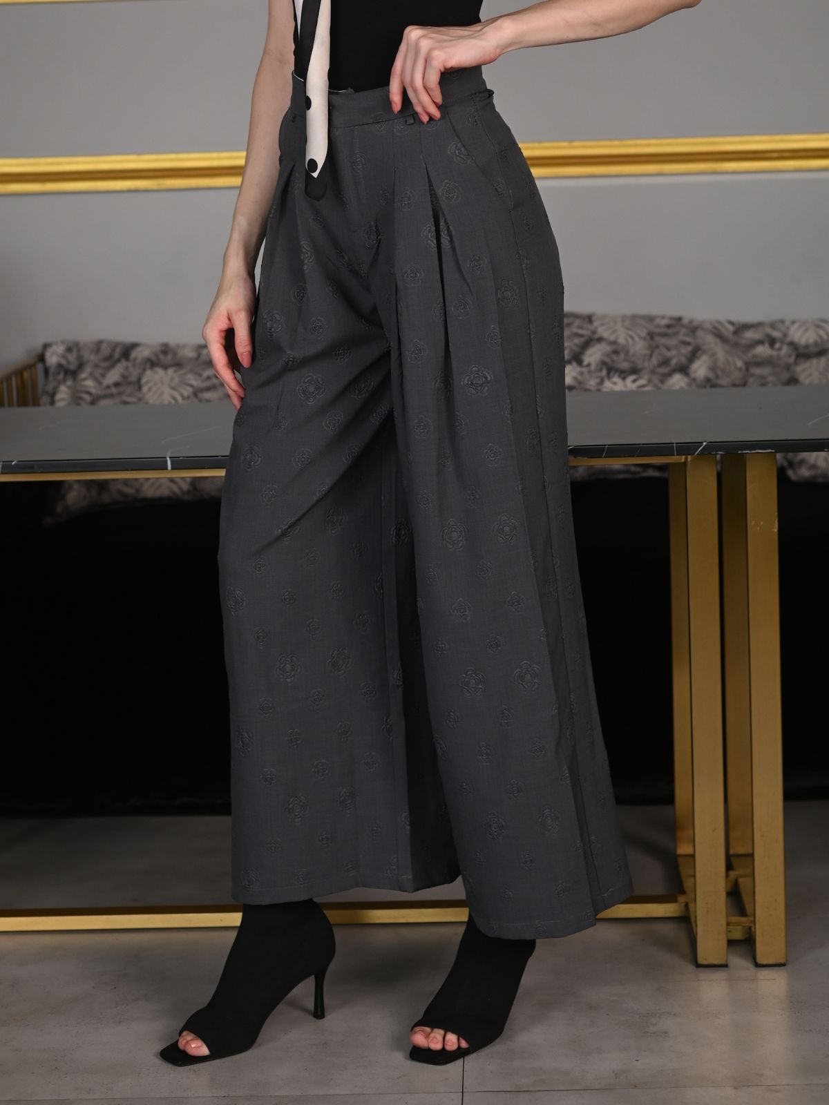 Odette Grey Suede Fabric Embossed Trouser For Women