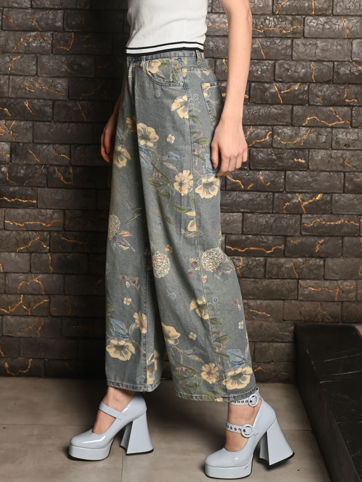 Odette Blue Washed Denim Printed Pant for Women