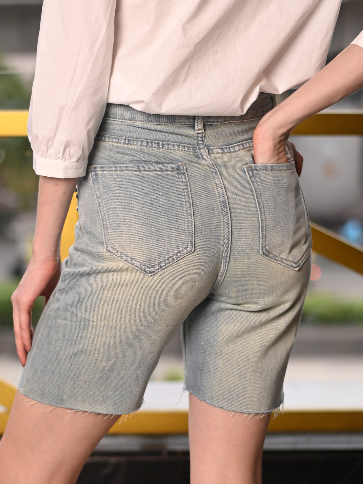 Odette Blue Denim Washed Embellished Shorts for Women