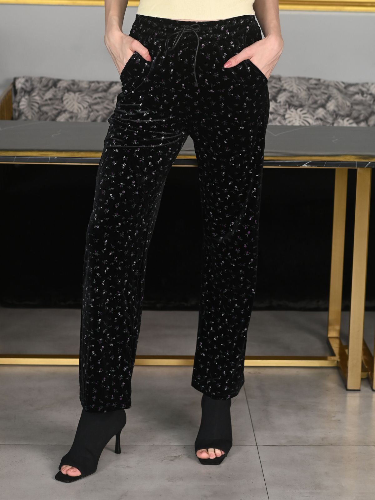 Odette Black Velvet Lycra Printed Trouser for Women