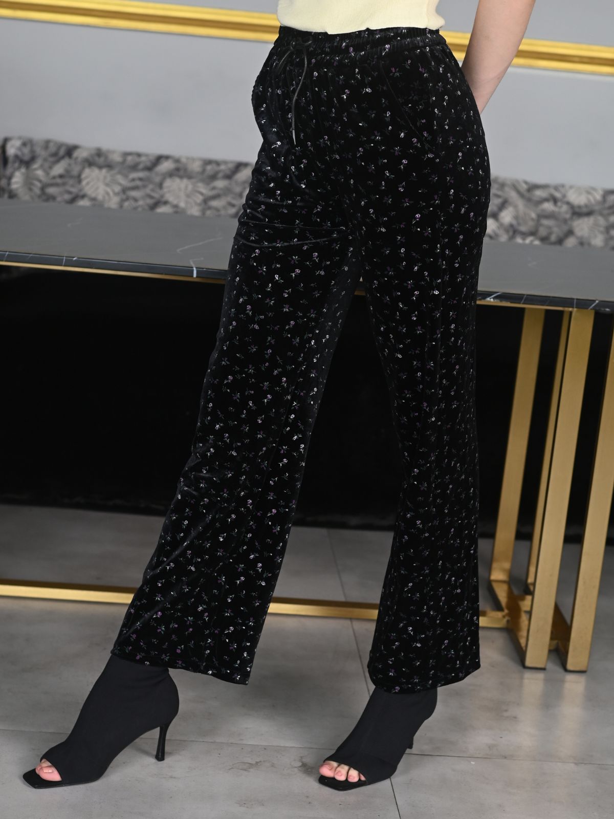 Odette Black Velvet Lycra Printed Trouser for Women