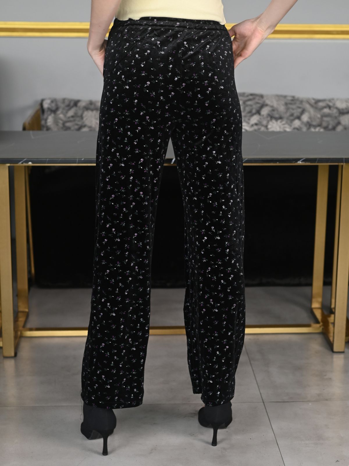 Odette Black Velvet Lycra Printed Trouser for Women