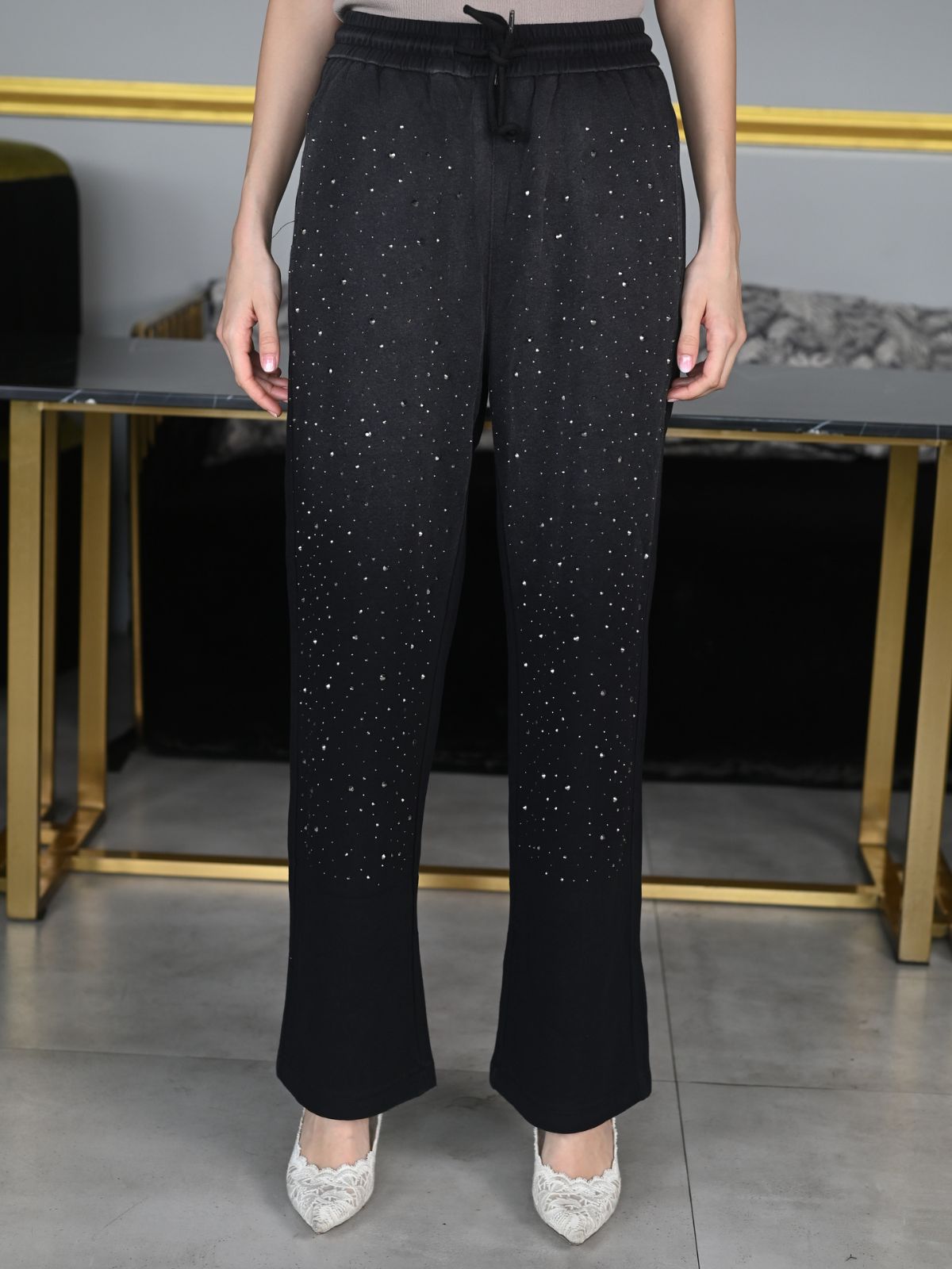 Odette Black Cotton Jersey Embellished Trouser for Women