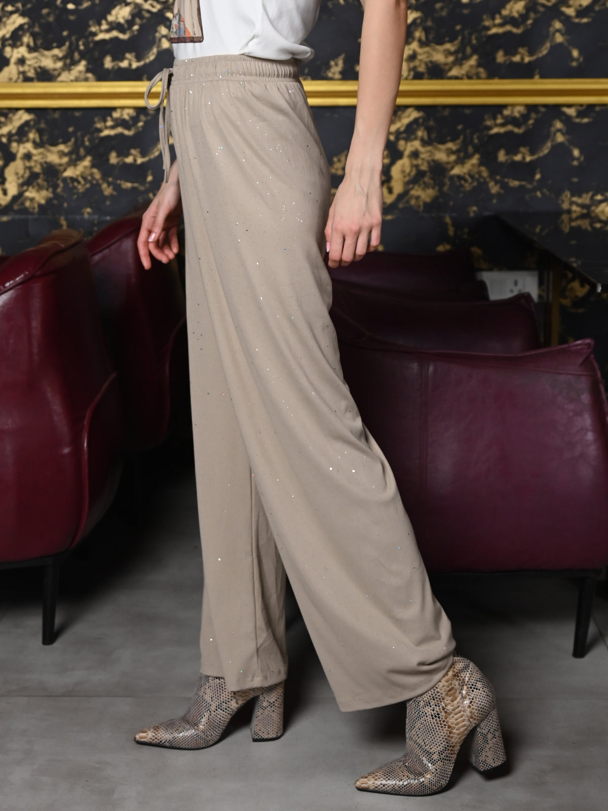 Odette Beige Knit Rib Trouser For Women