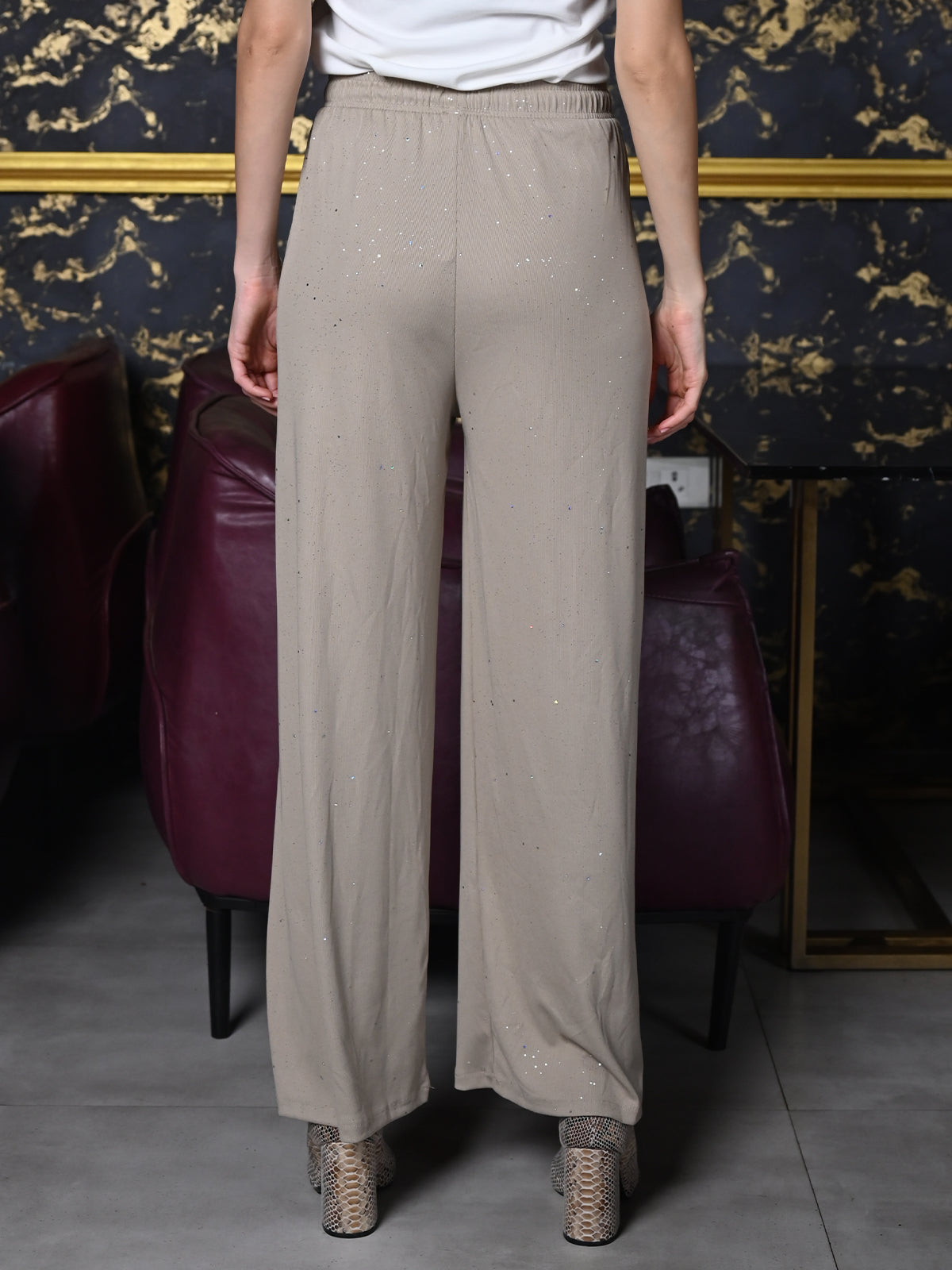 Odette Beige Knit Rib Trouser For Women