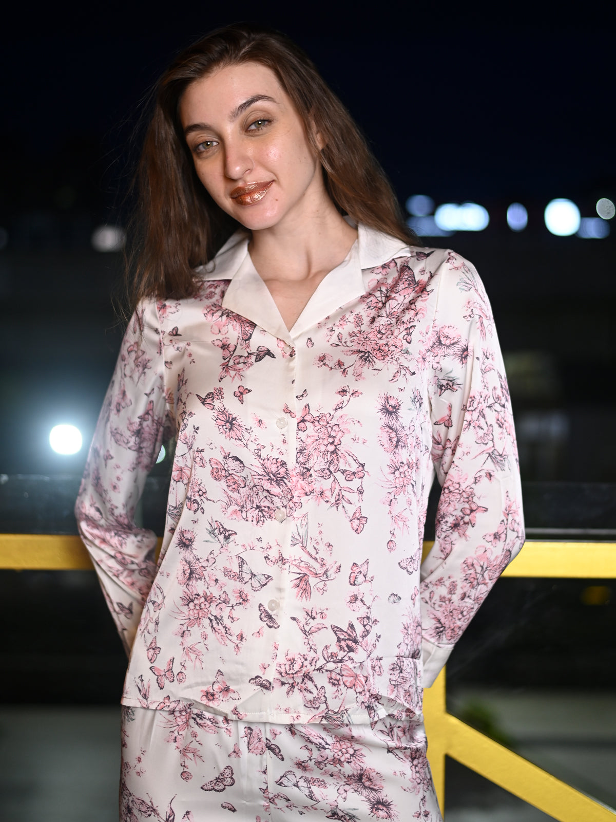 Odette Pink And Off White Satin Printed Night Suit Set For Women