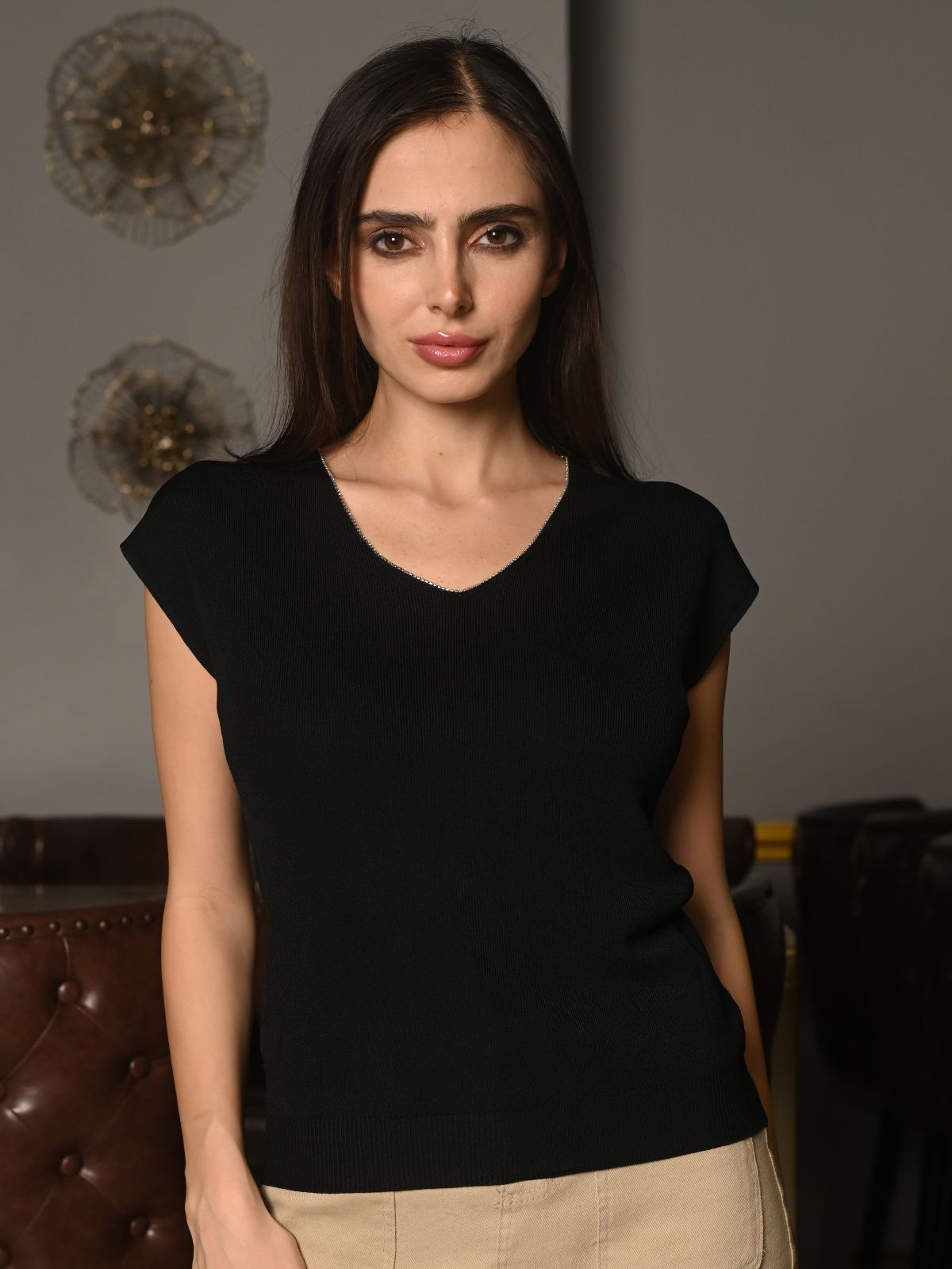 Odette Black Polyester Rib Lycra Embellished T-Shirt For Women