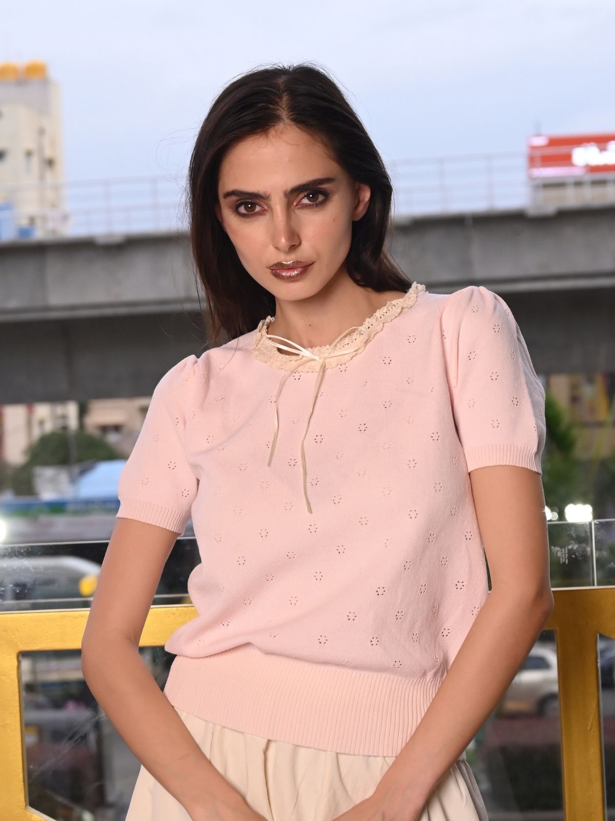 Odette Peach Cotton Rib Top For Women