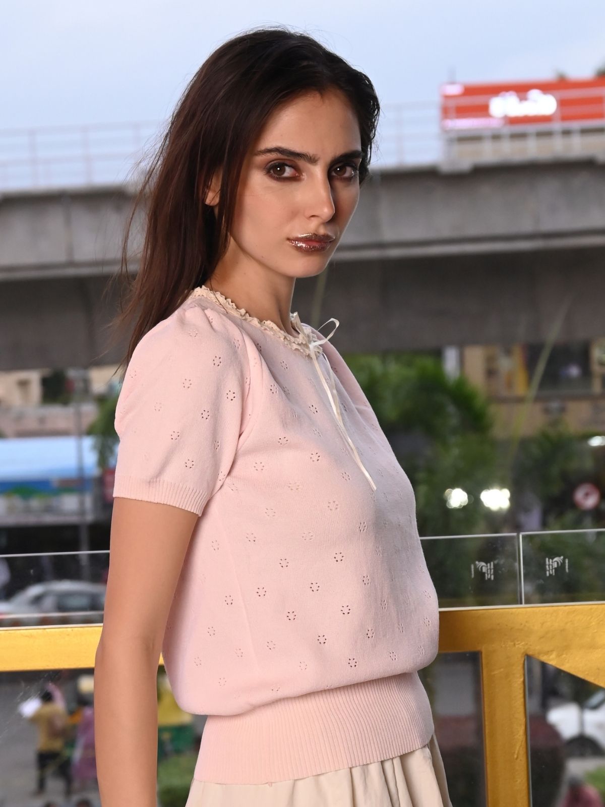 Odette Peach Cotton Rib Top For Women