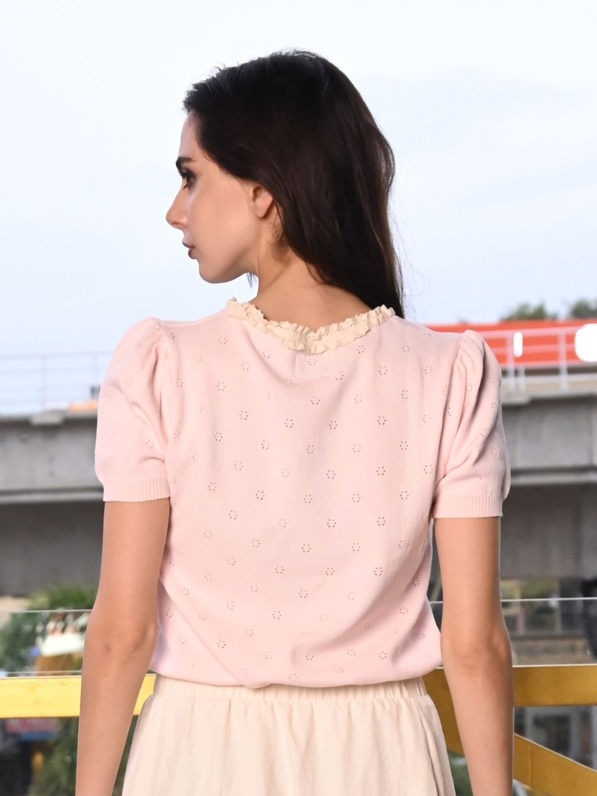 Odette Peach Cotton Rib Top For Women