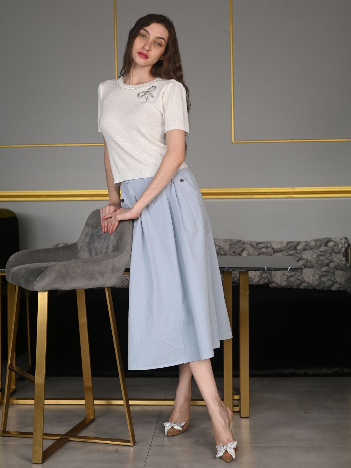 Odette White Textured Rib Embellished T-Shirt For Women
