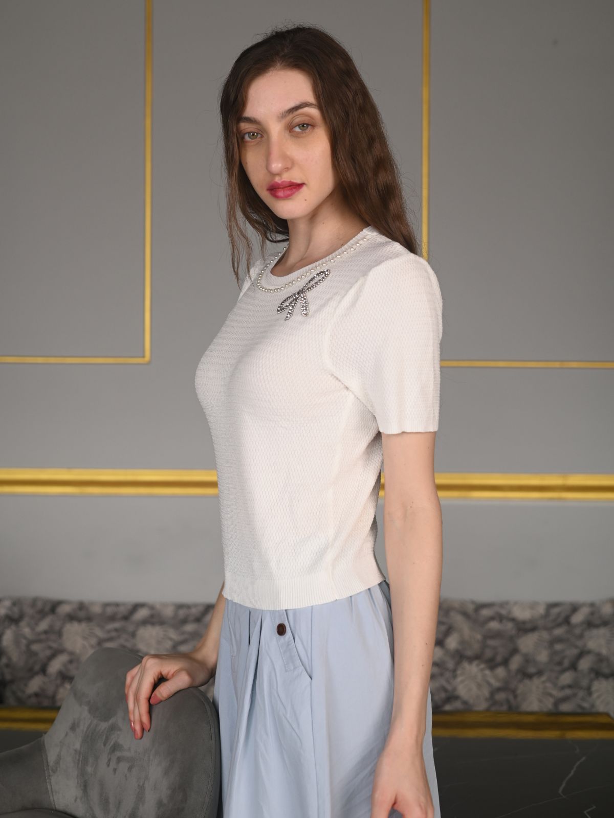 Odette White Textured Rib Embellished T-Shirt For Women