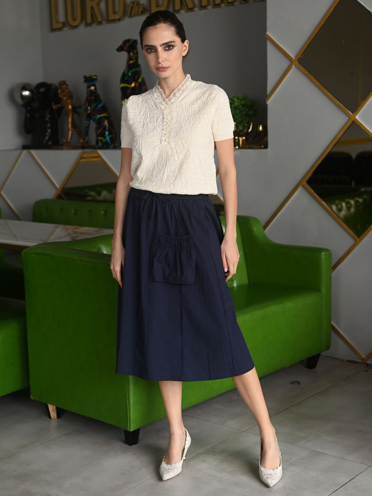 Odette Cream Jacquard Rib Top For Women